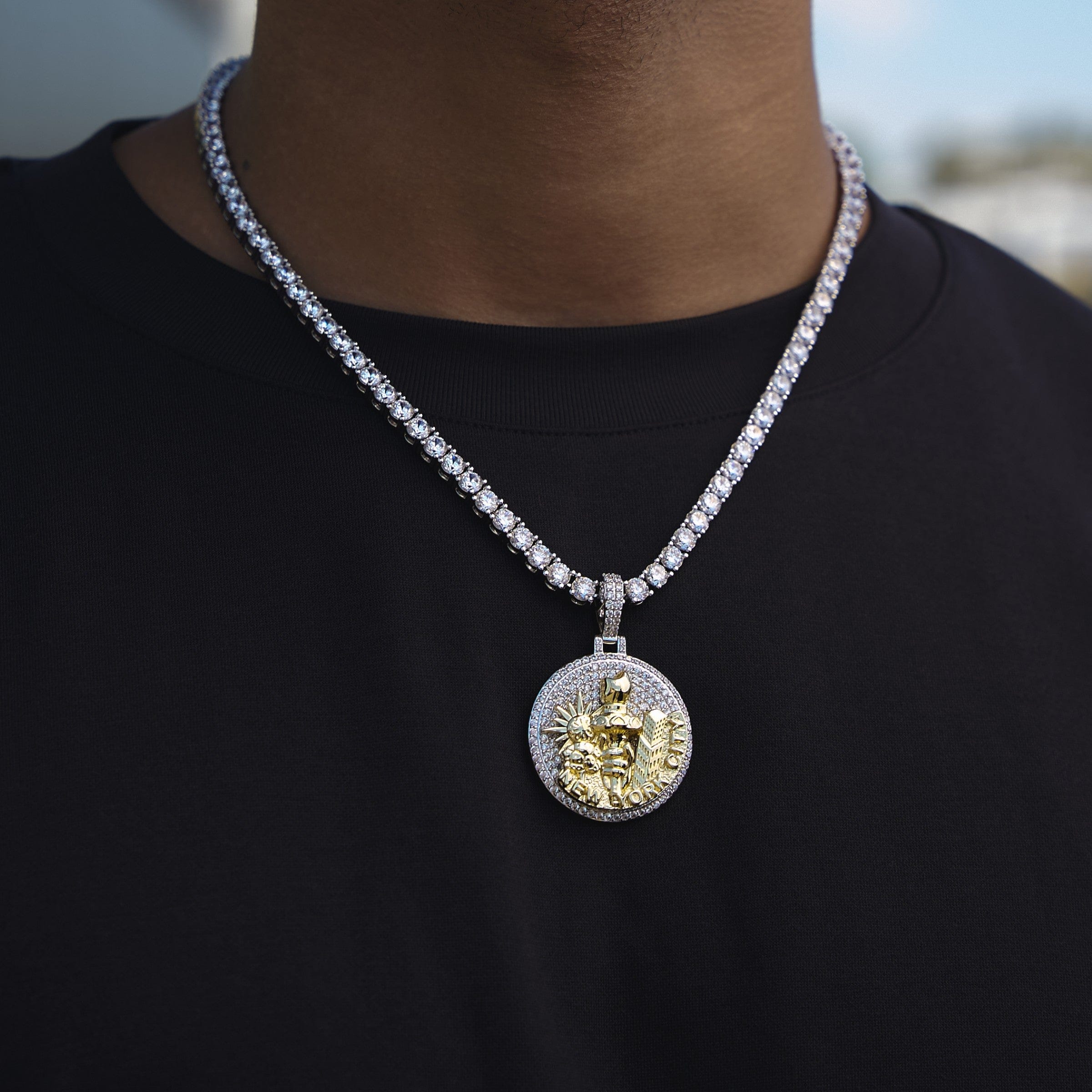 GLD Men Iced New York City Pendant in White Gold