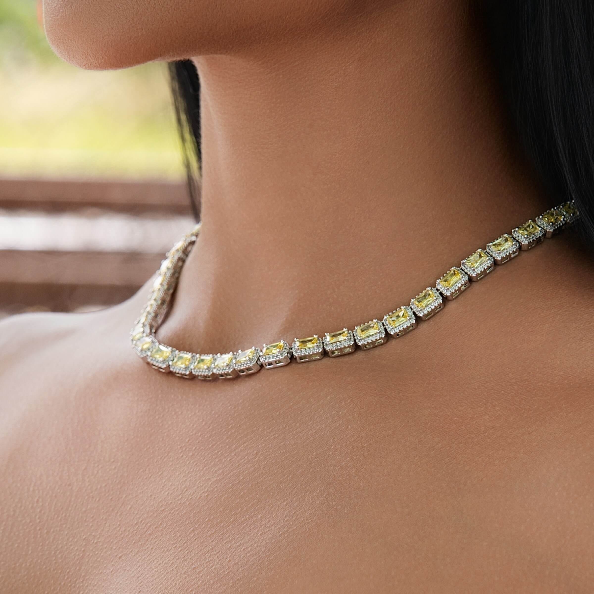 GLD Women Iced Canary Cushion Cut Tennis Chain in White Gold - 7 mm
