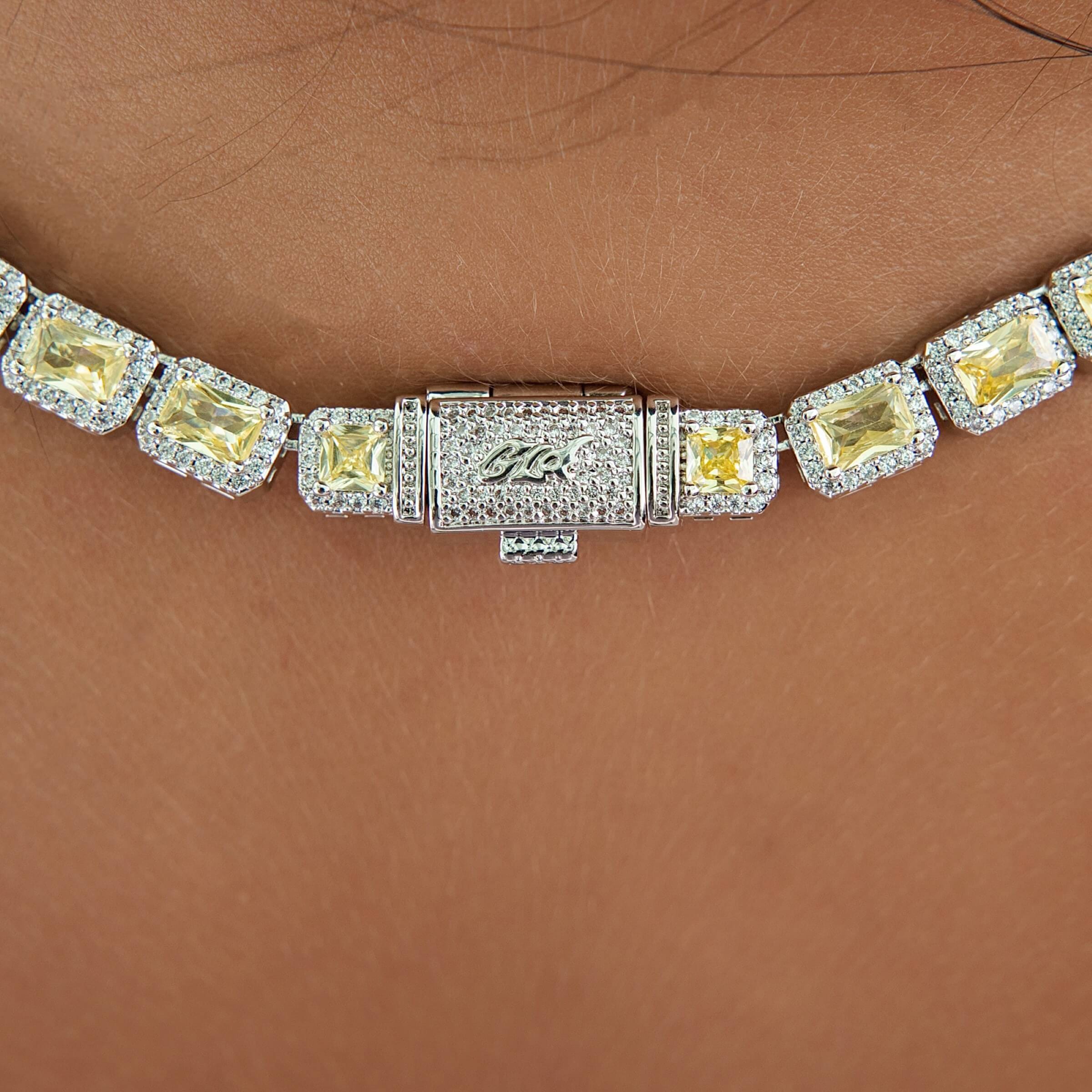 GLD Women Iced Canary Cushion Cut Tennis Chain in White Gold - 7 mm