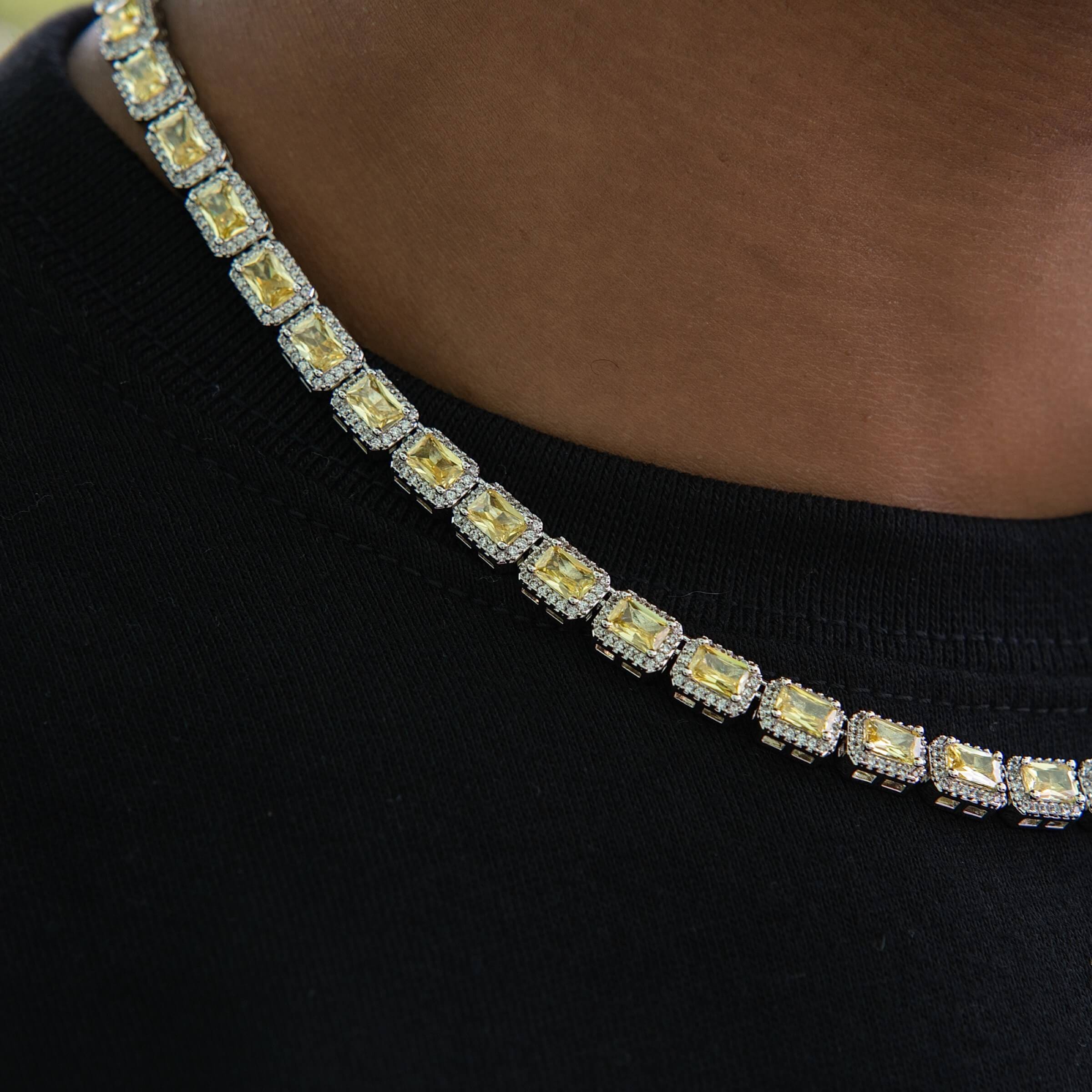 GLD Men Iced Canary Cushion Cut Tennis Chain in White Gold - 7 mm