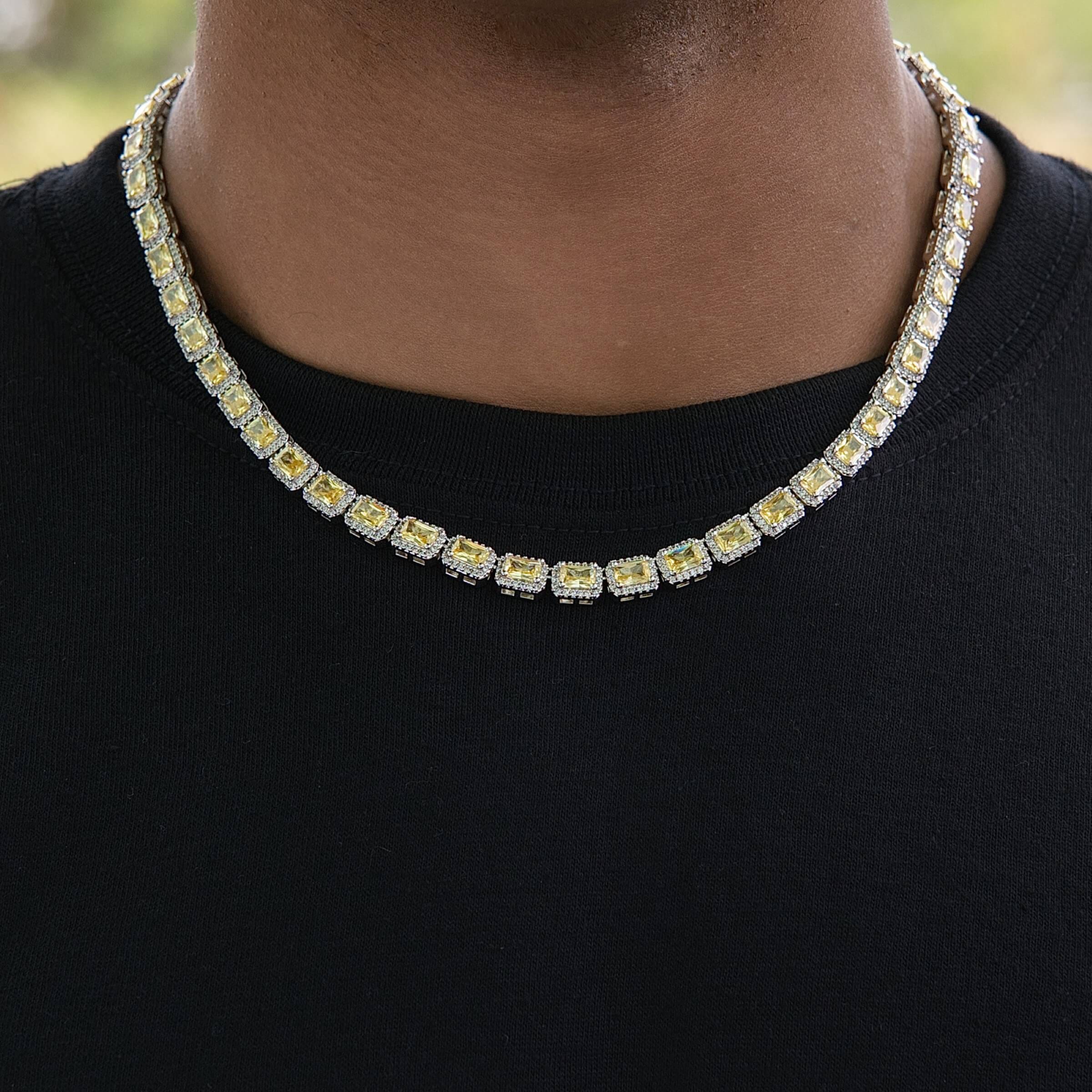 GLD Men Iced Canary Cushion Cut Tennis Chain in White Gold - 7 mm