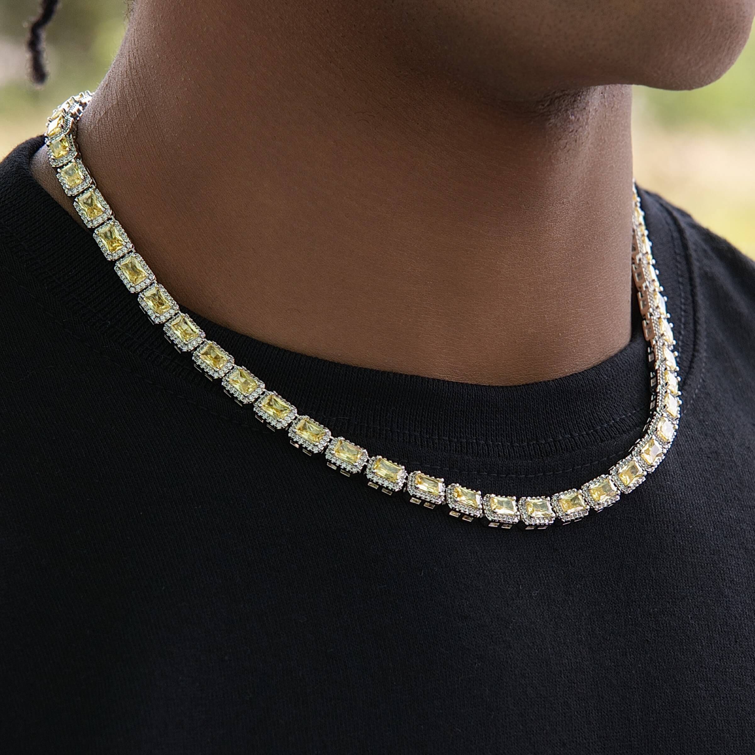 GLD Men Iced Canary Cushion Cut Tennis Chain in White Gold - 7 mm