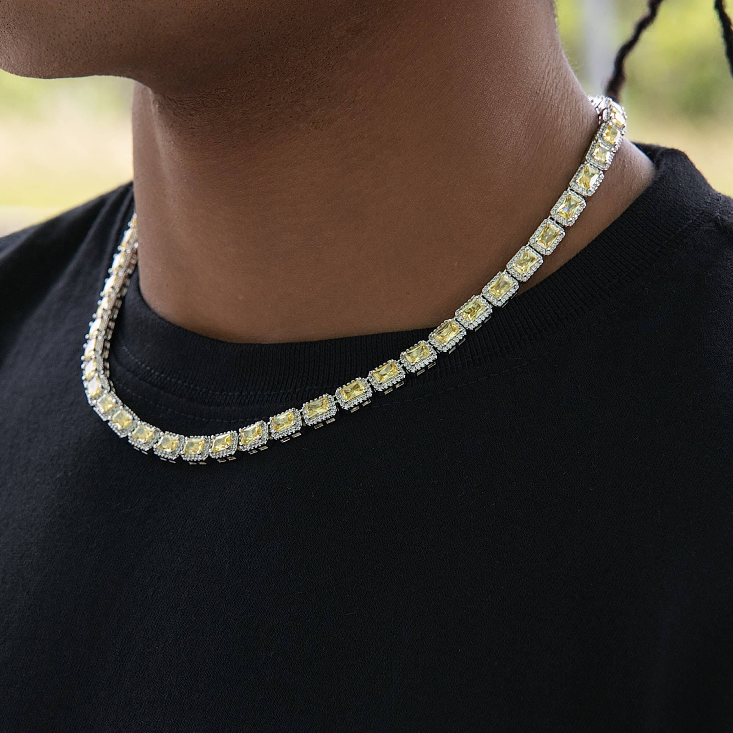 GLD Men Iced Canary Cushion Cut Tennis Chain in White Gold - 7 mm