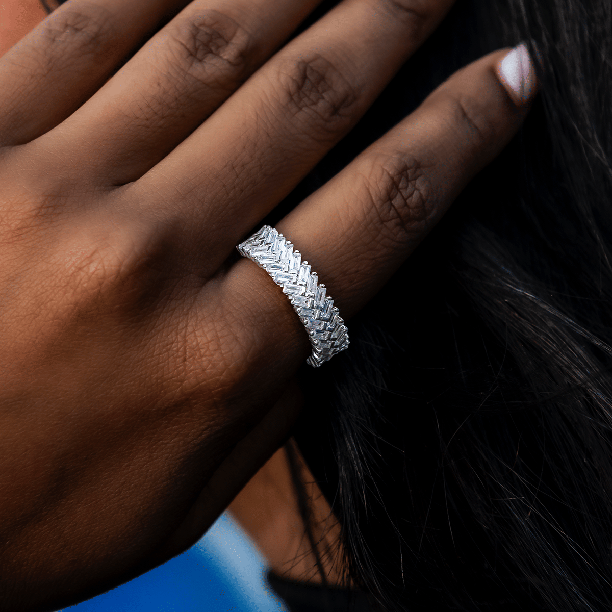 GLD PROMO - WOMEN Diamond Baguette Herringbone Ring in White Gold Vermeil