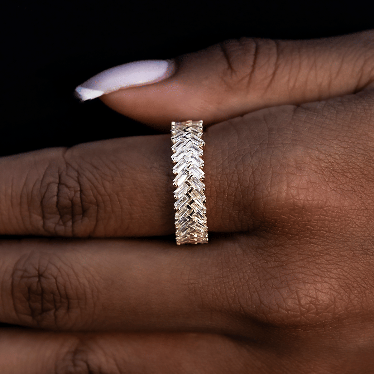 GLD PROMO - WOMEN Diamond Baguette Herringbone Ring in Yellow Gold Vermeil