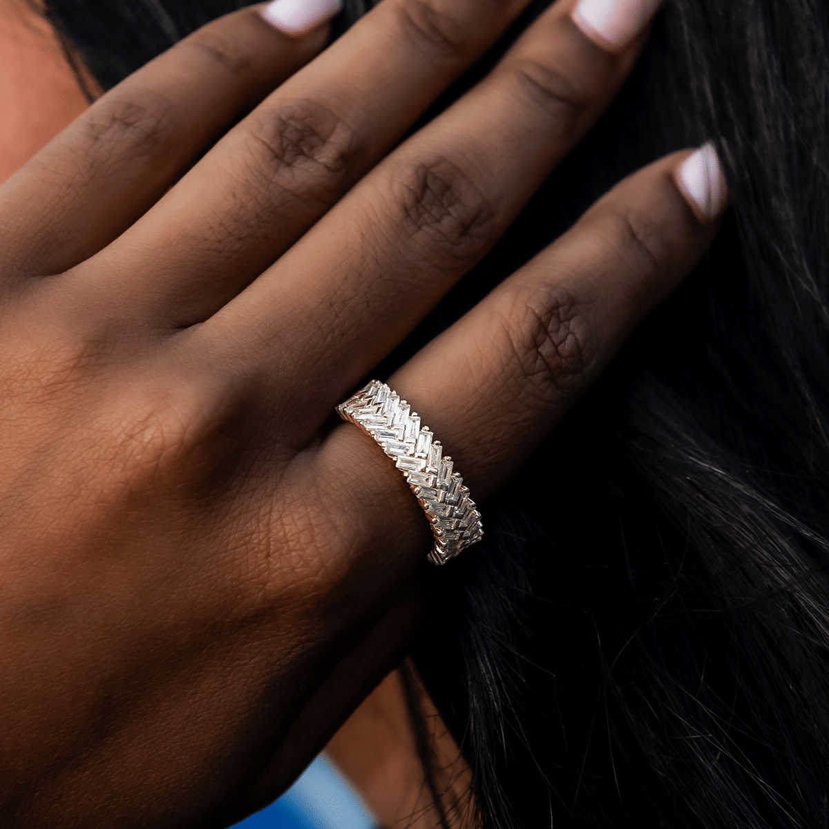 GLD PROMO - WOMEN Diamond Baguette Herringbone Ring in Yellow Gold Vermeil