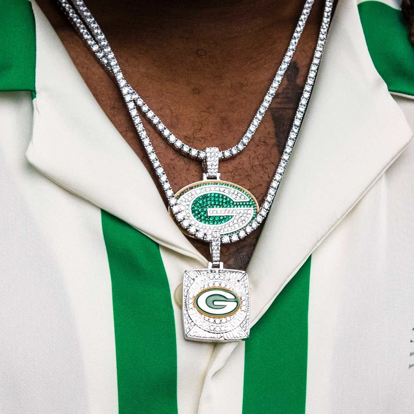 GLD PROMO Green Bay Packers Championship Pendant - White Gold