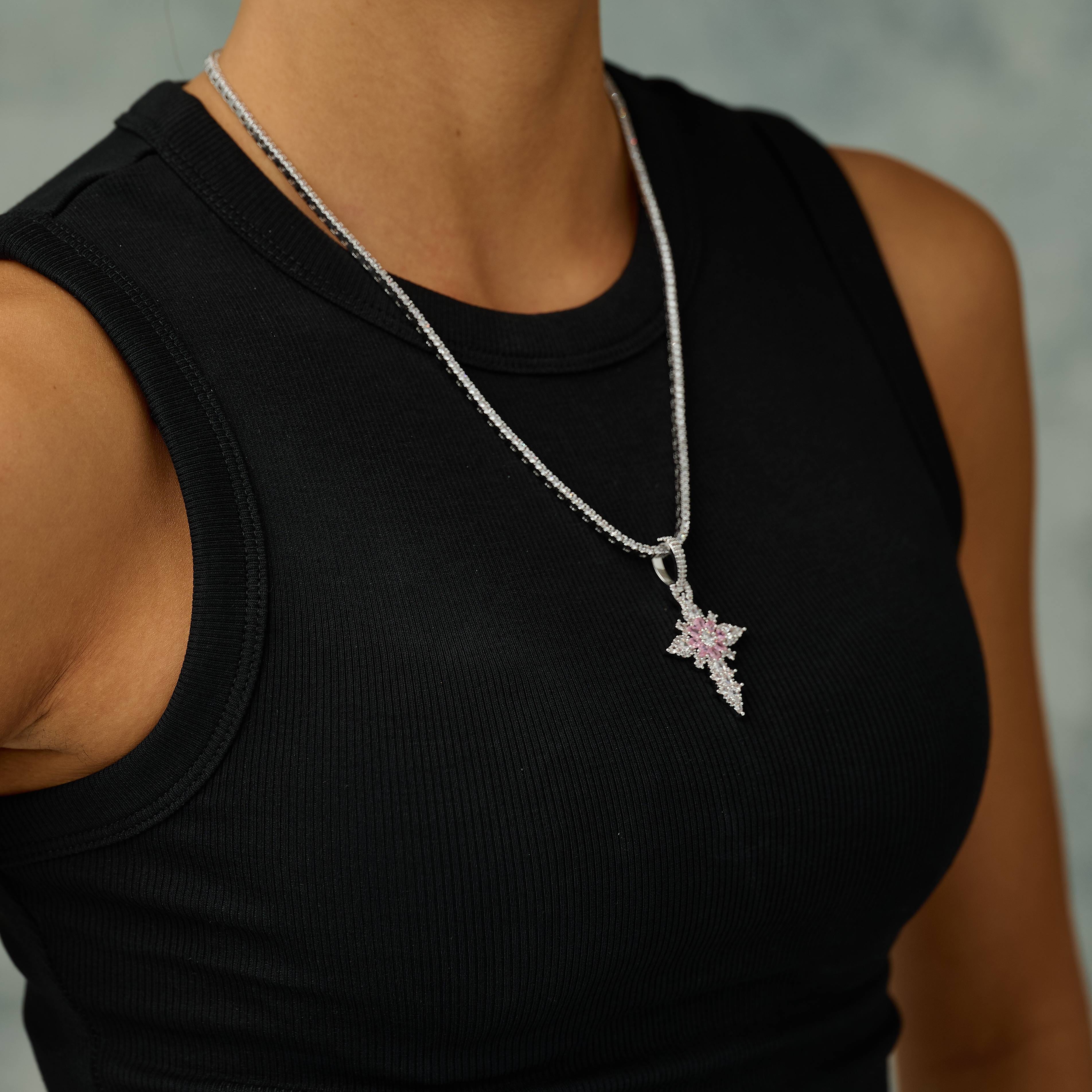 GLD PROMO - WOMEN Iced Pink Flower Cross Pendant in White Gold