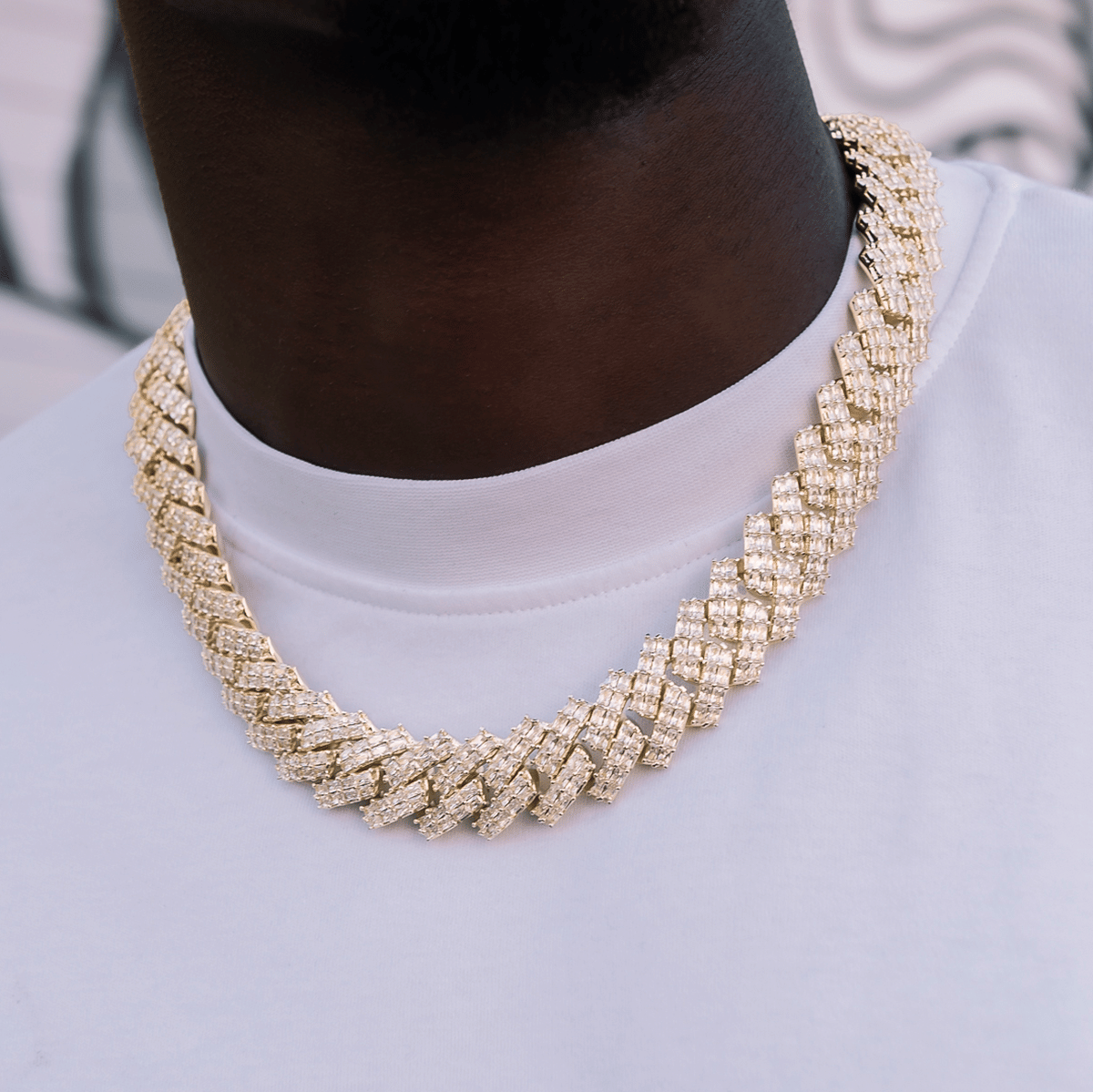 GLD PROMO Baguette Prong Set Cuban Chain in Yellow Gold - 19 mm