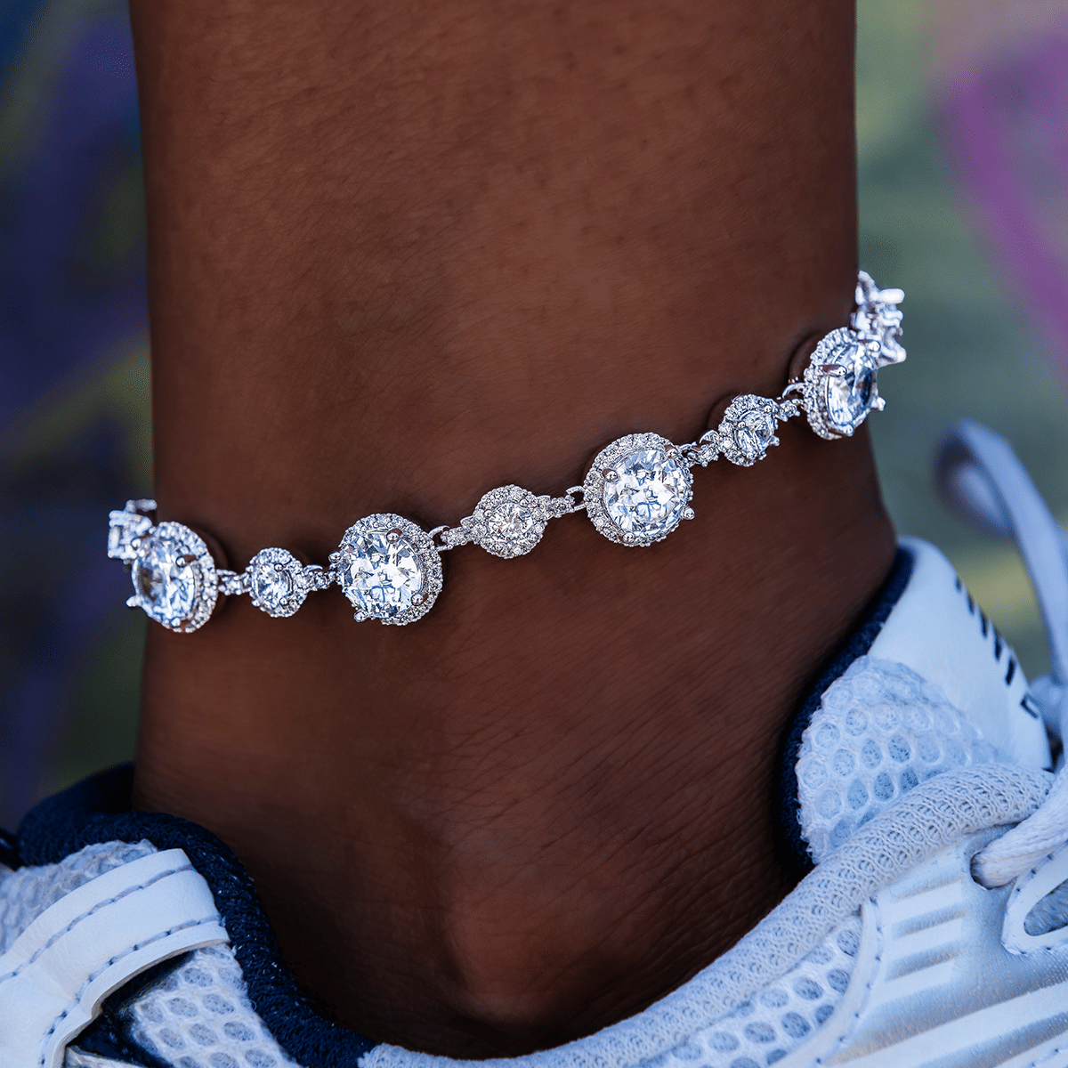 GLD PROMO - WOMEN Iced Halo Tennis Anklet in White Gold
