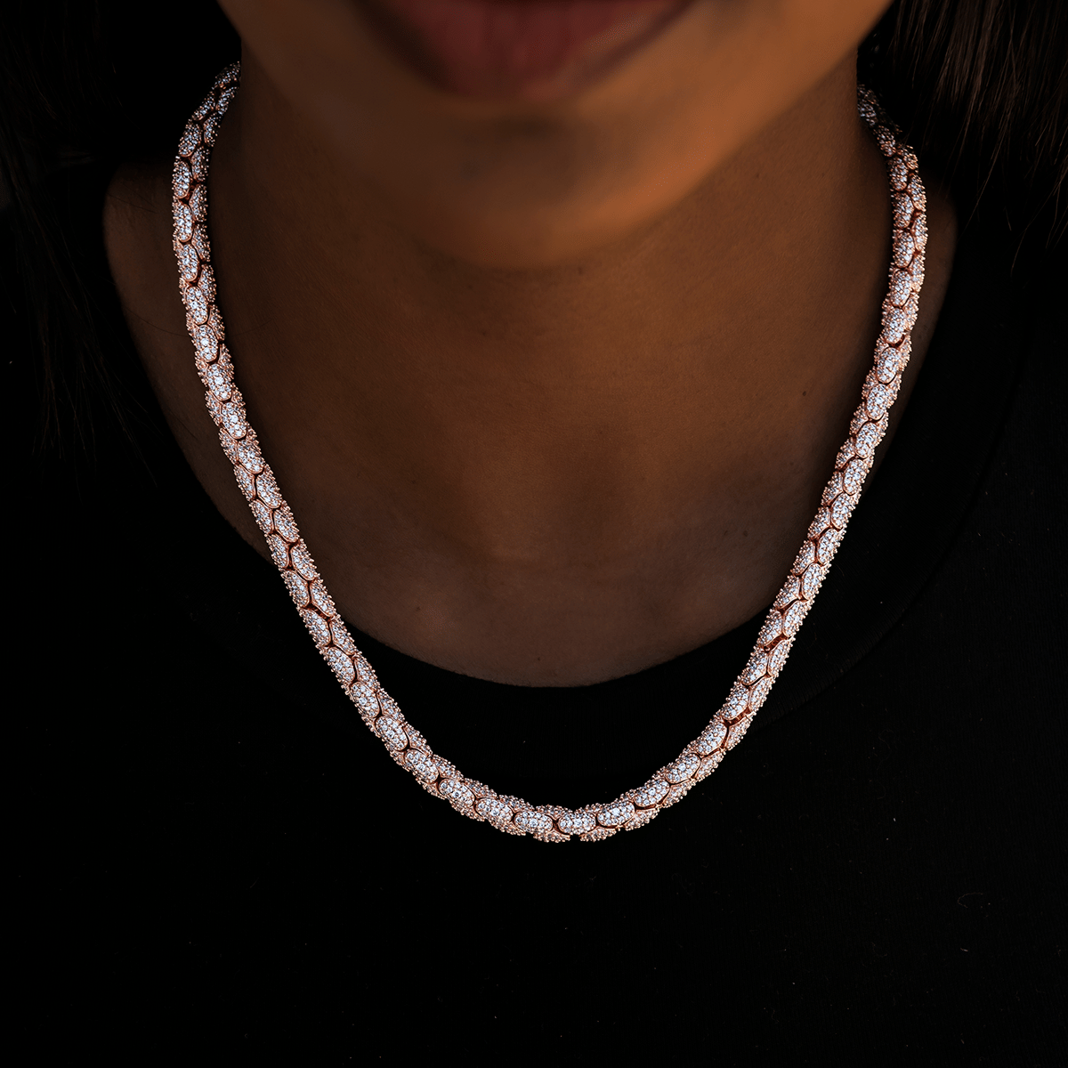GLD PROMO - WOMEN Diamond Pave Snake Link Necklace in Rose Gold - 6 mm