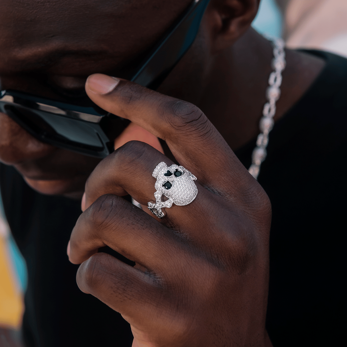 GLD PROMO Pave Skull Ring in White Gold Vermeil