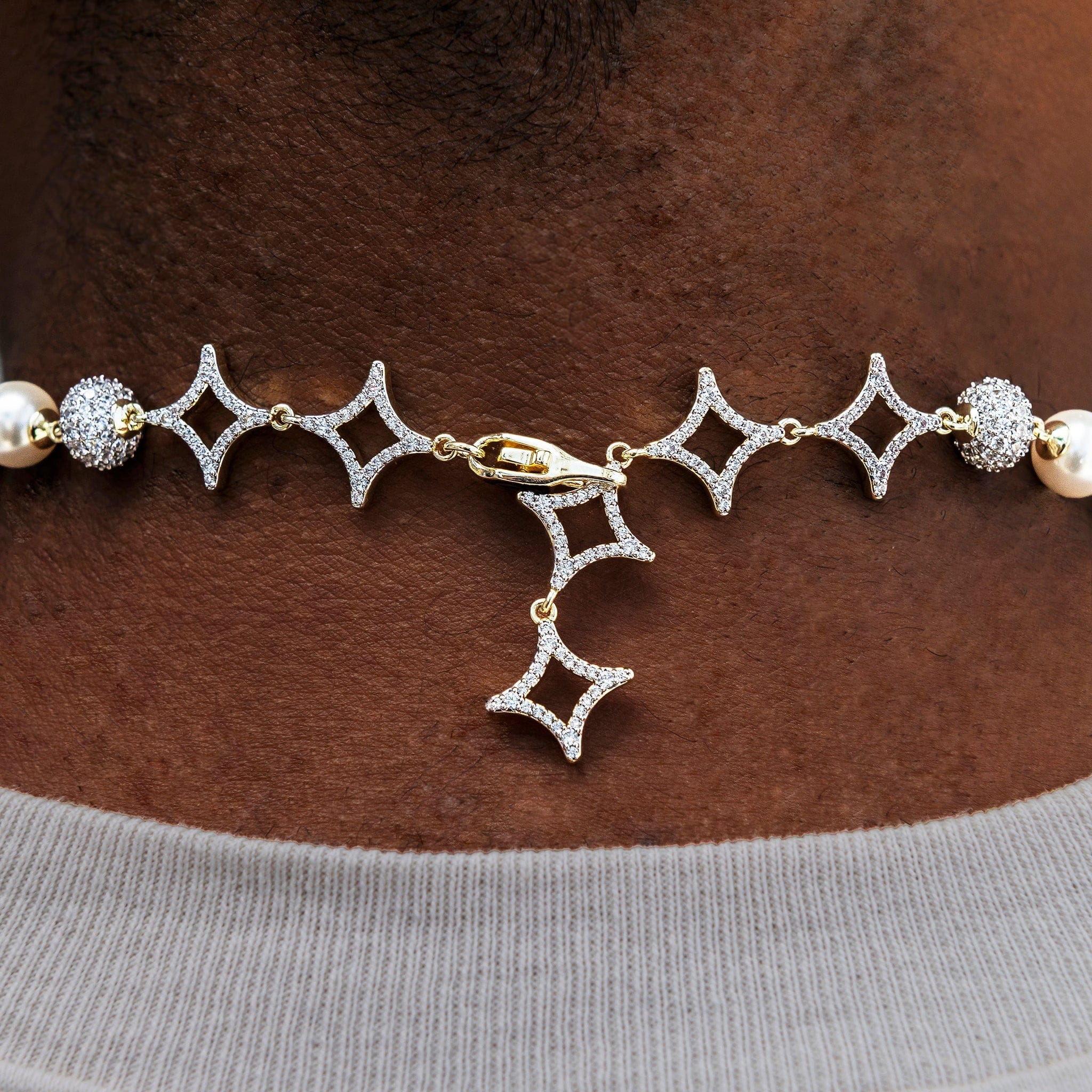 GLD PROMO Iced Beaded Pearl Chain in Yellow Gold