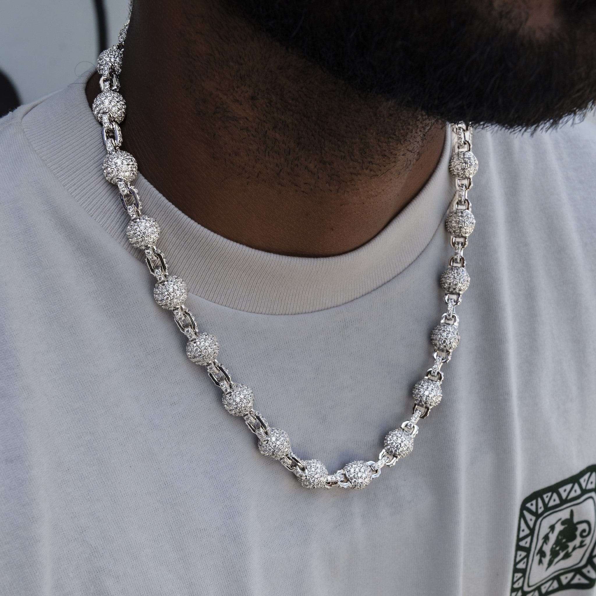 GLD PROMO 12 mm Iced Ball Chain in White Gold