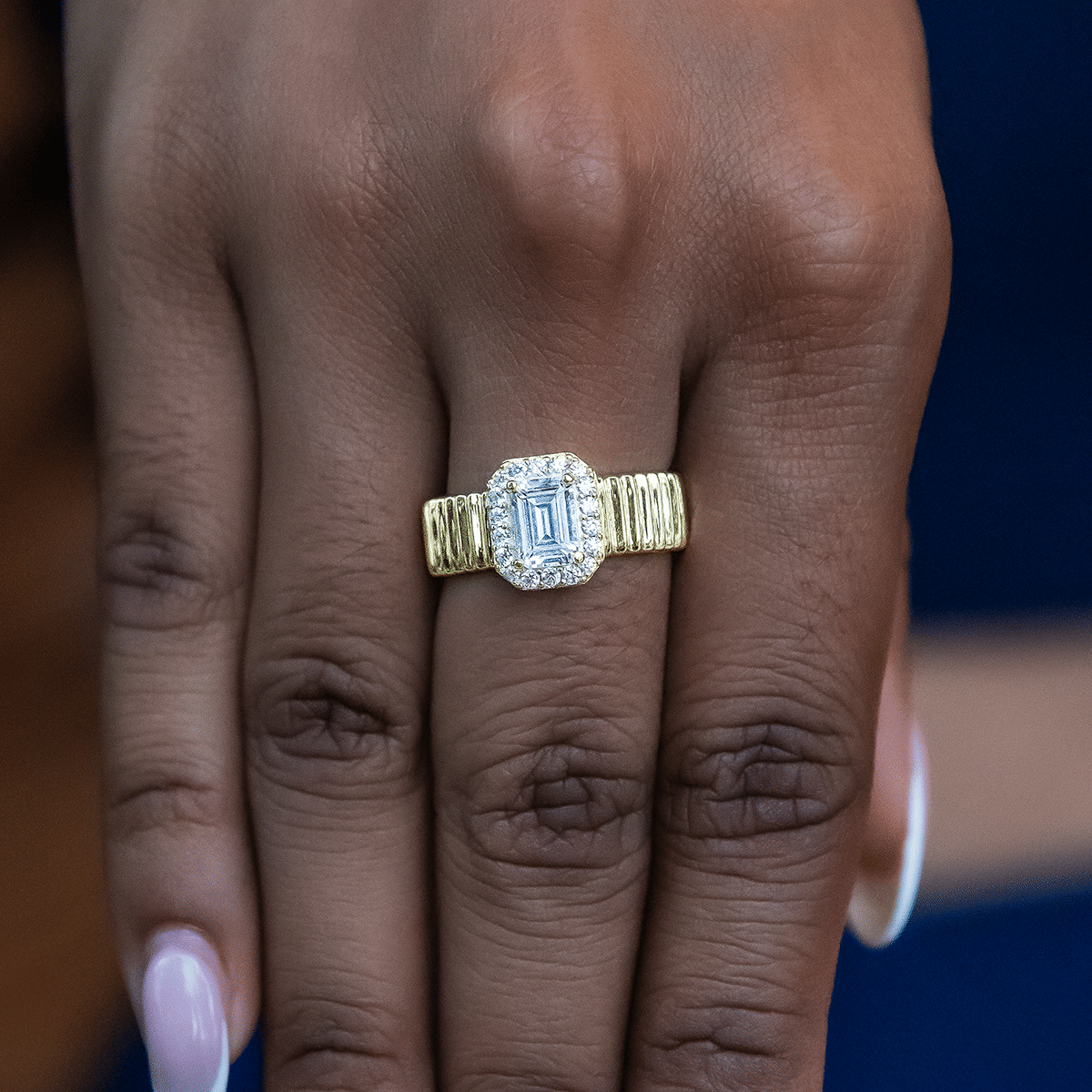 GLD PROMO - WOMEN Emerald Cut Diamond Textured Ring in Yellow Gold Vermeil
