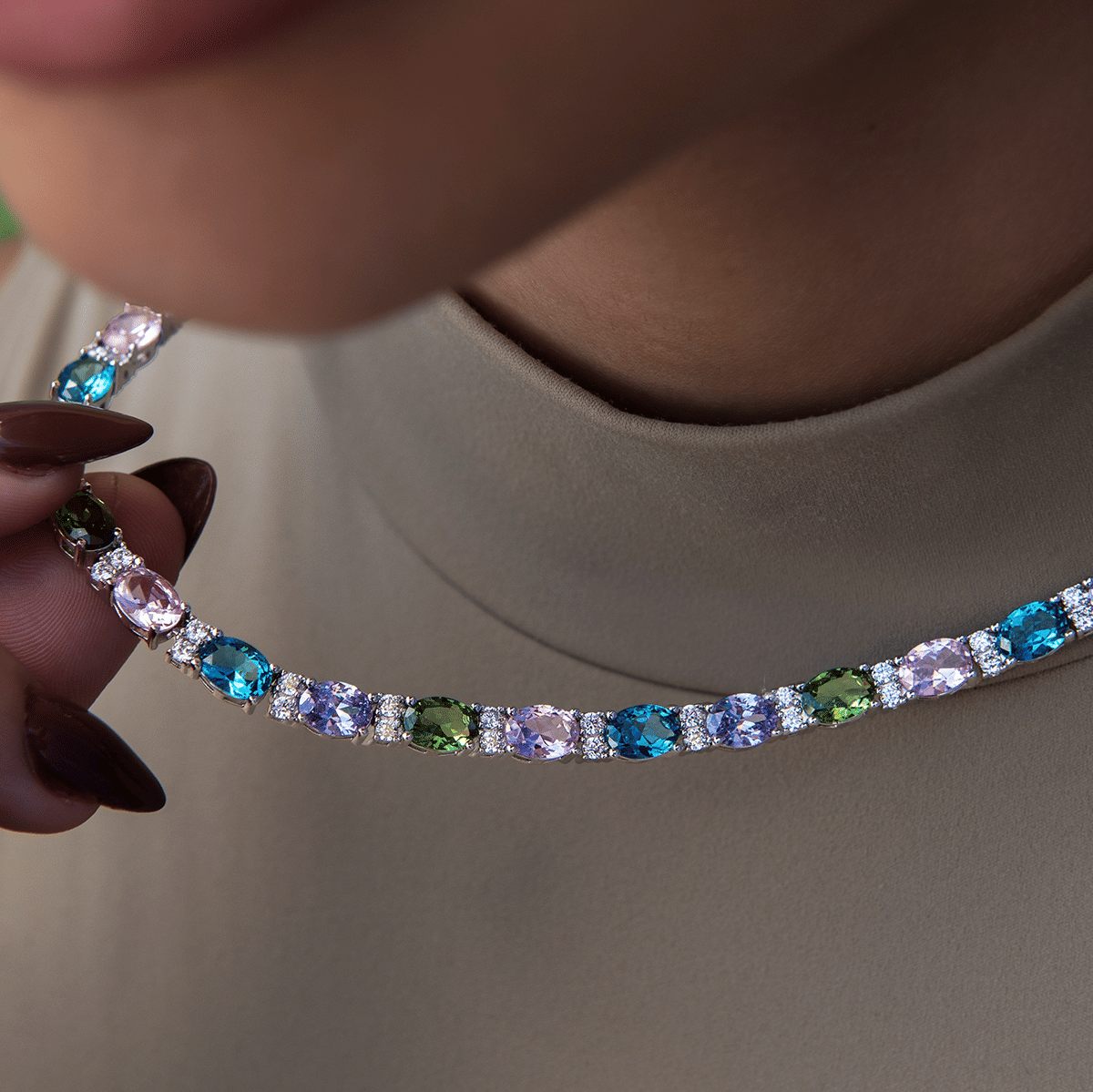 GLD PROMO - WOMEN Multicolor Mixed Oval Cut Tennis Royal Stones Necklace - 5 mm