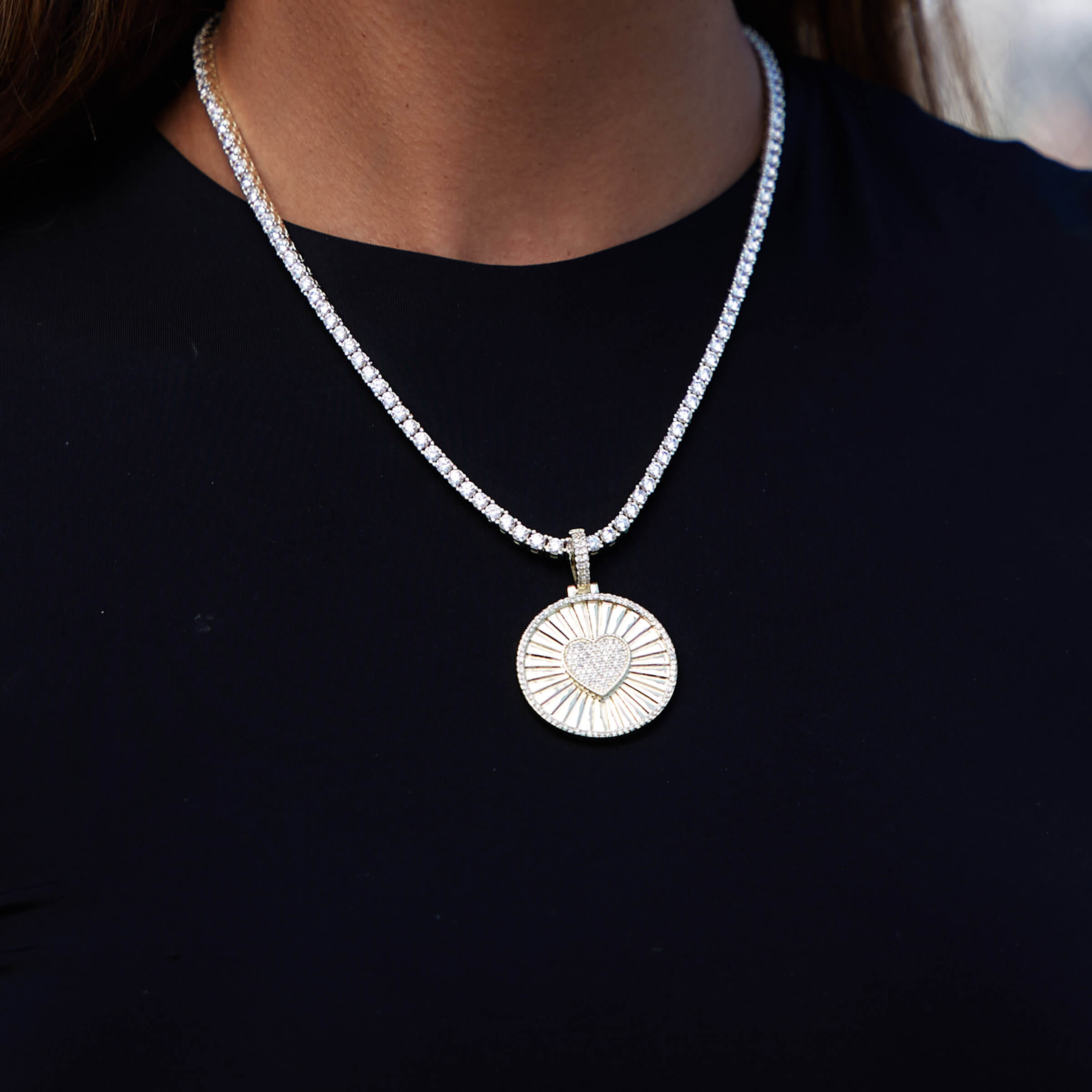 GLD Women Iced Heart Coin Pendant in Yellow Gold