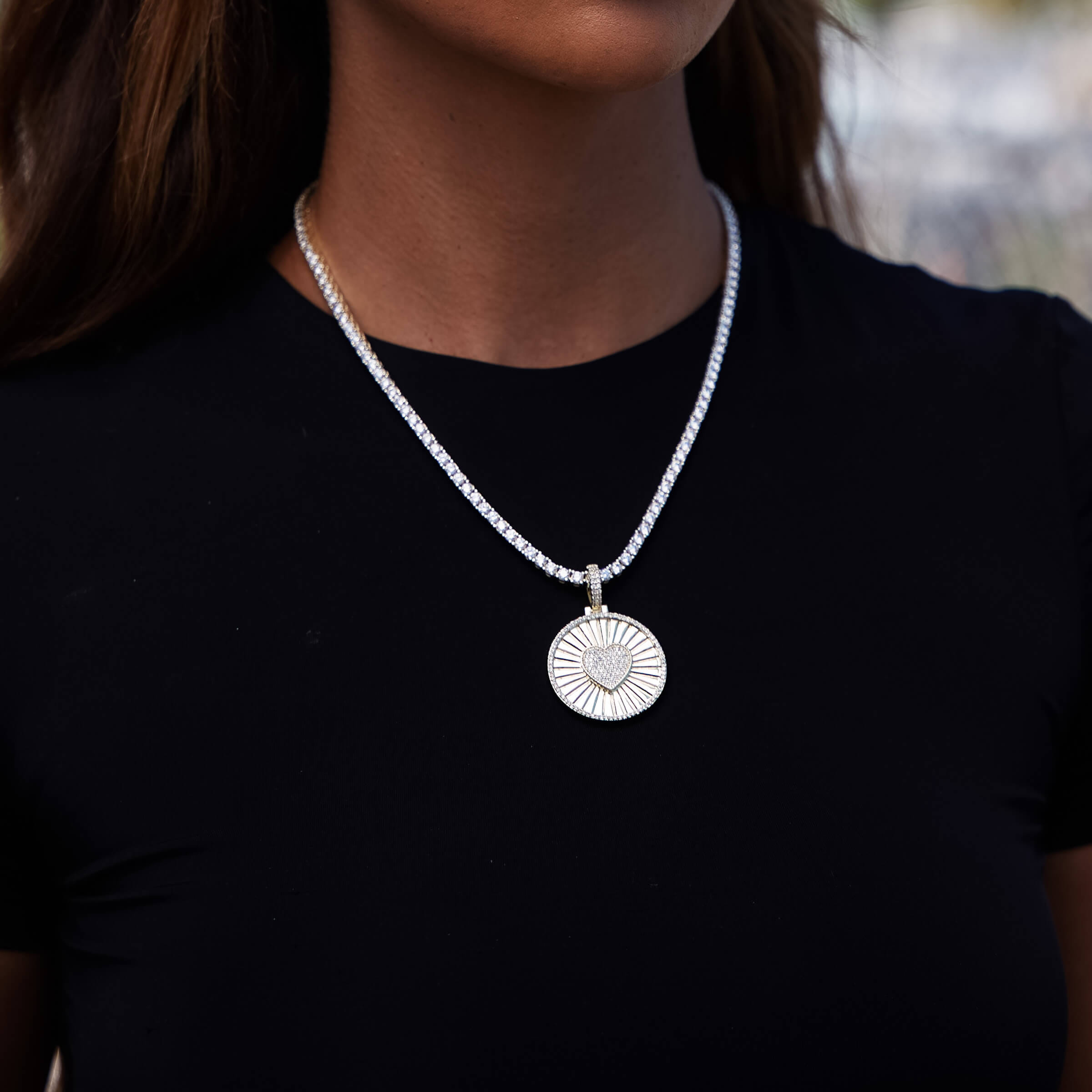 GLD Women Iced Heart Coin Pendant in Yellow Gold