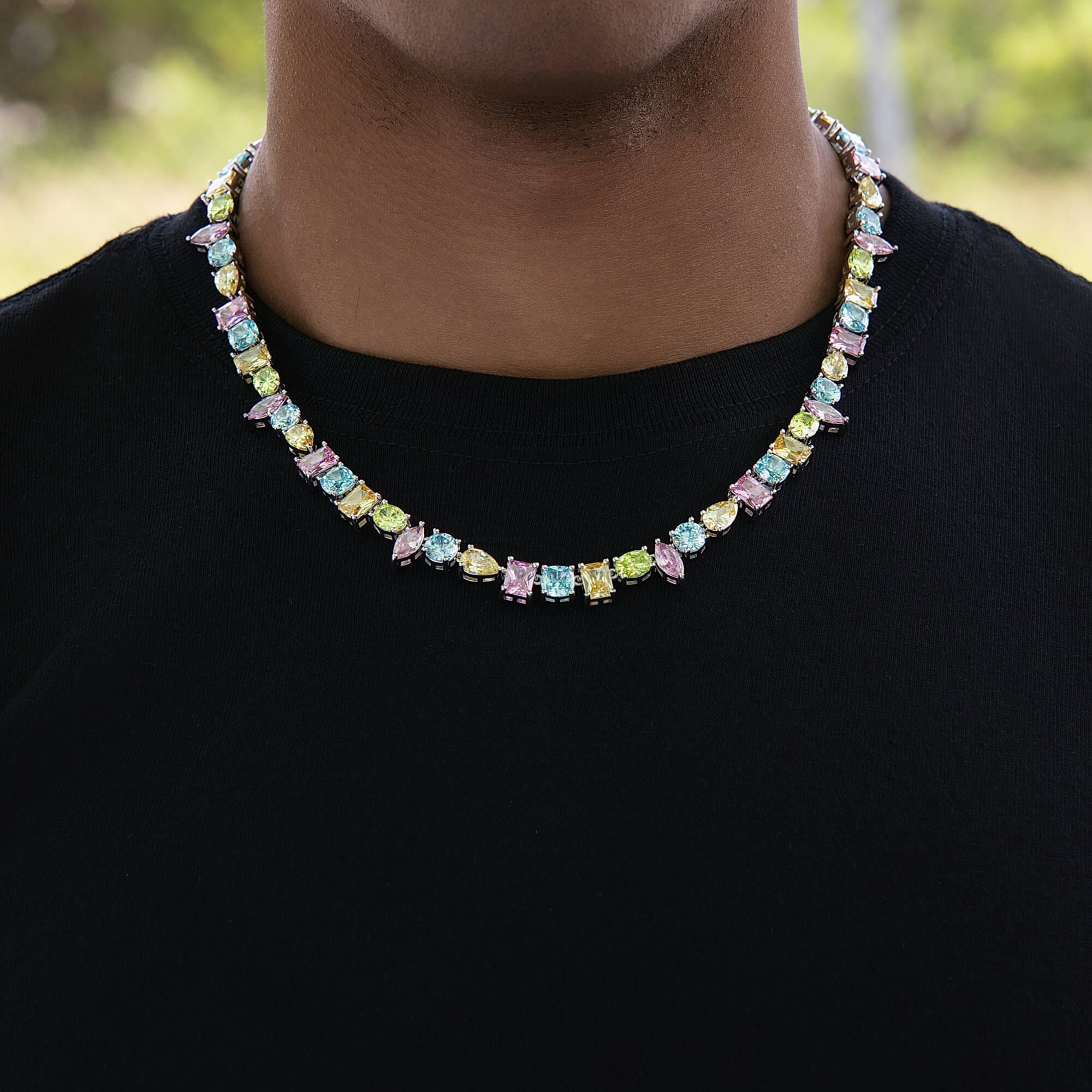 GLD Men Floating Pastel Multicolor Stone Chain in White Gold