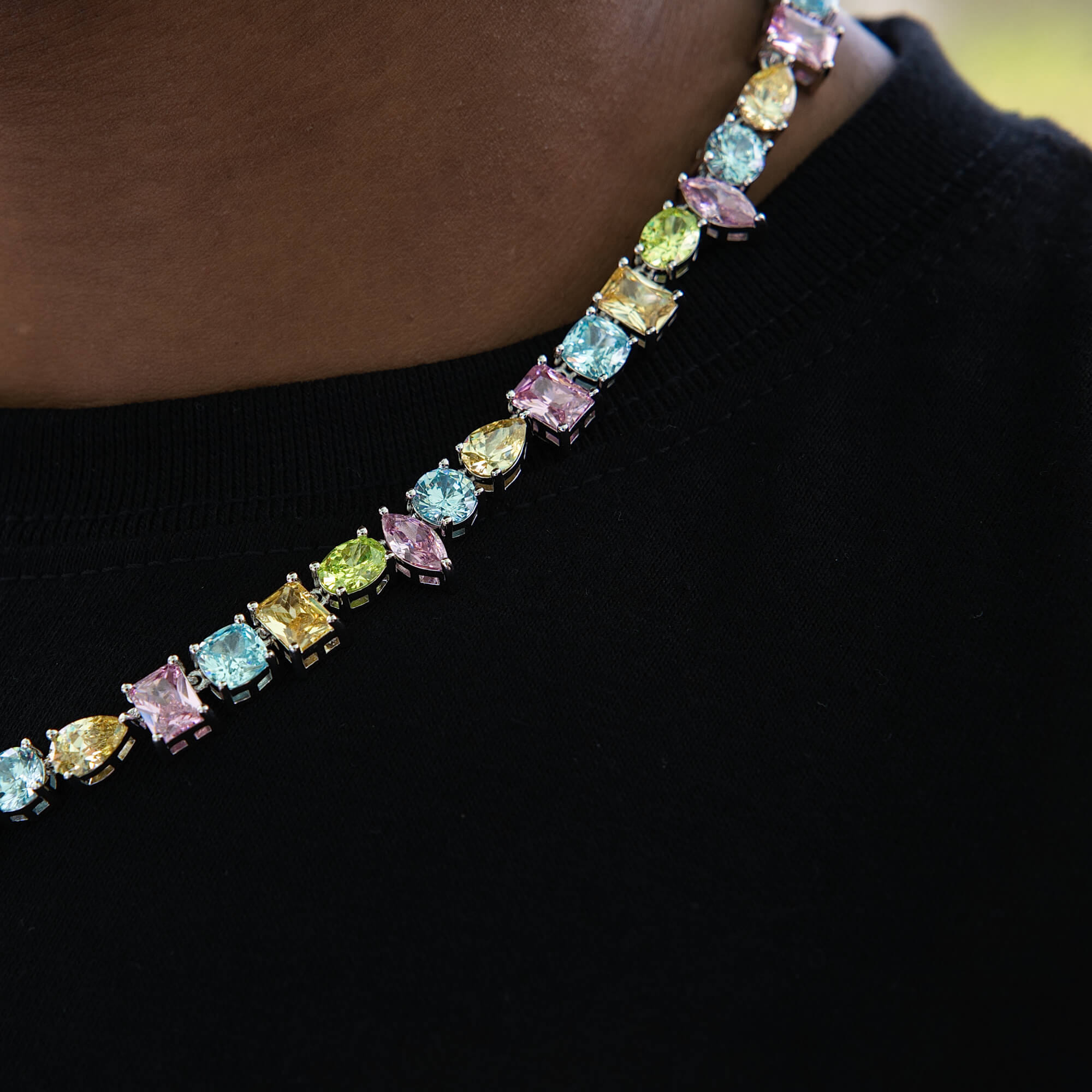 GLD Men Floating Pastel Multicolor Stone Chain in White Gold