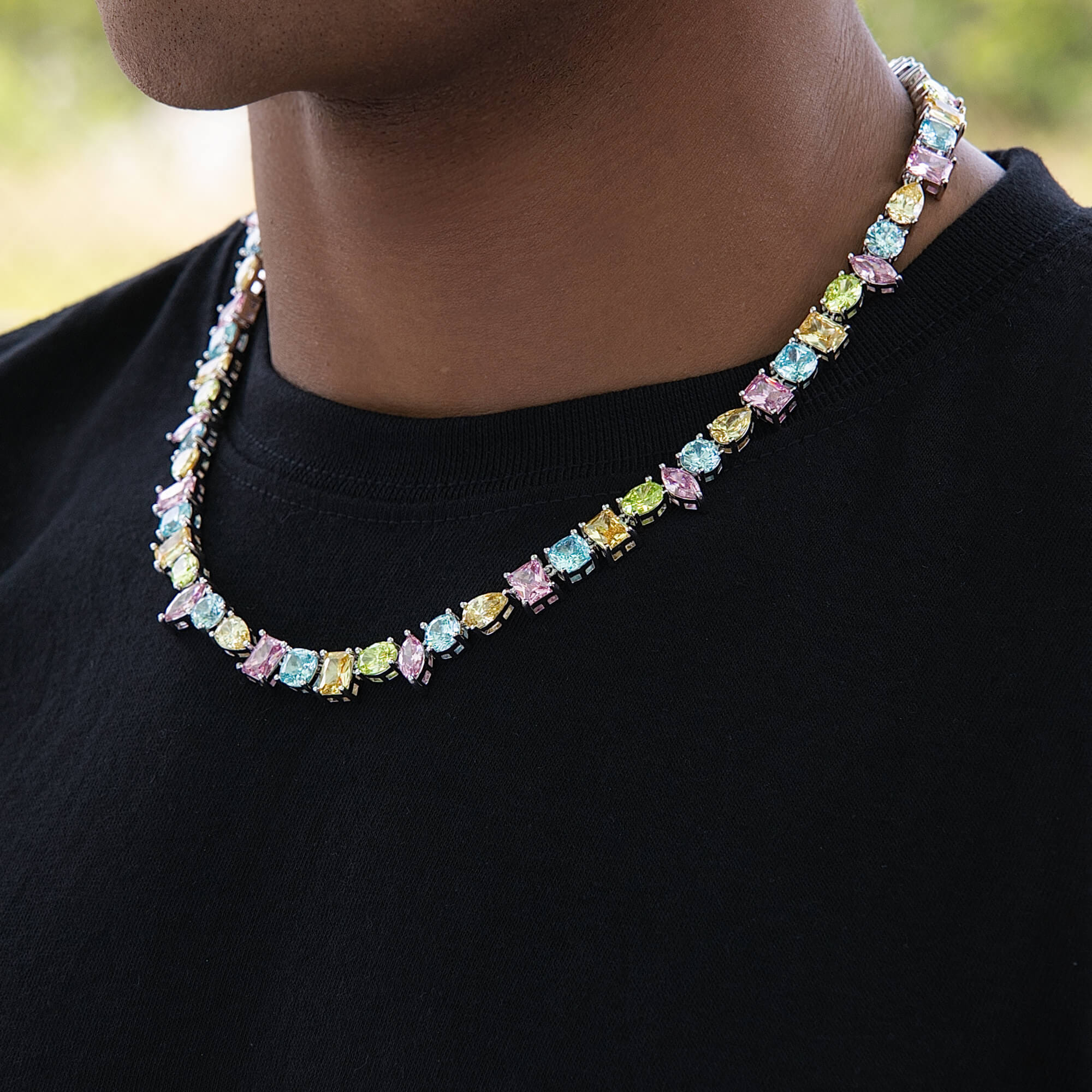 GLD Men Floating Pastel Multicolor Stone Chain in White Gold