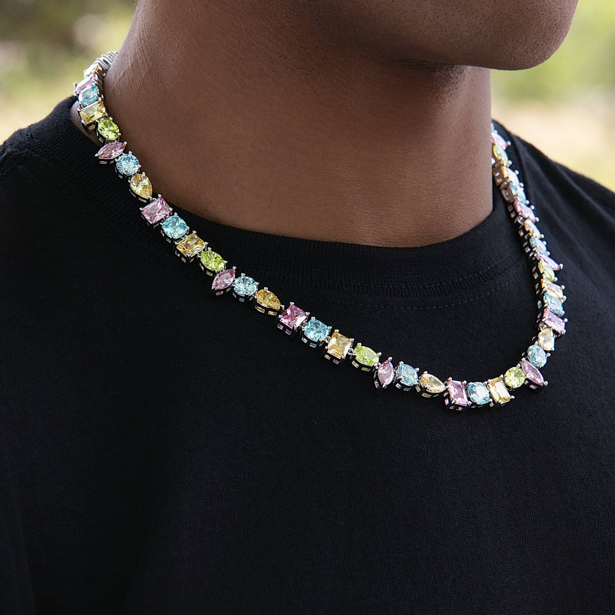 GLD Men Floating Pastel Multicolor Stone Chain in White Gold