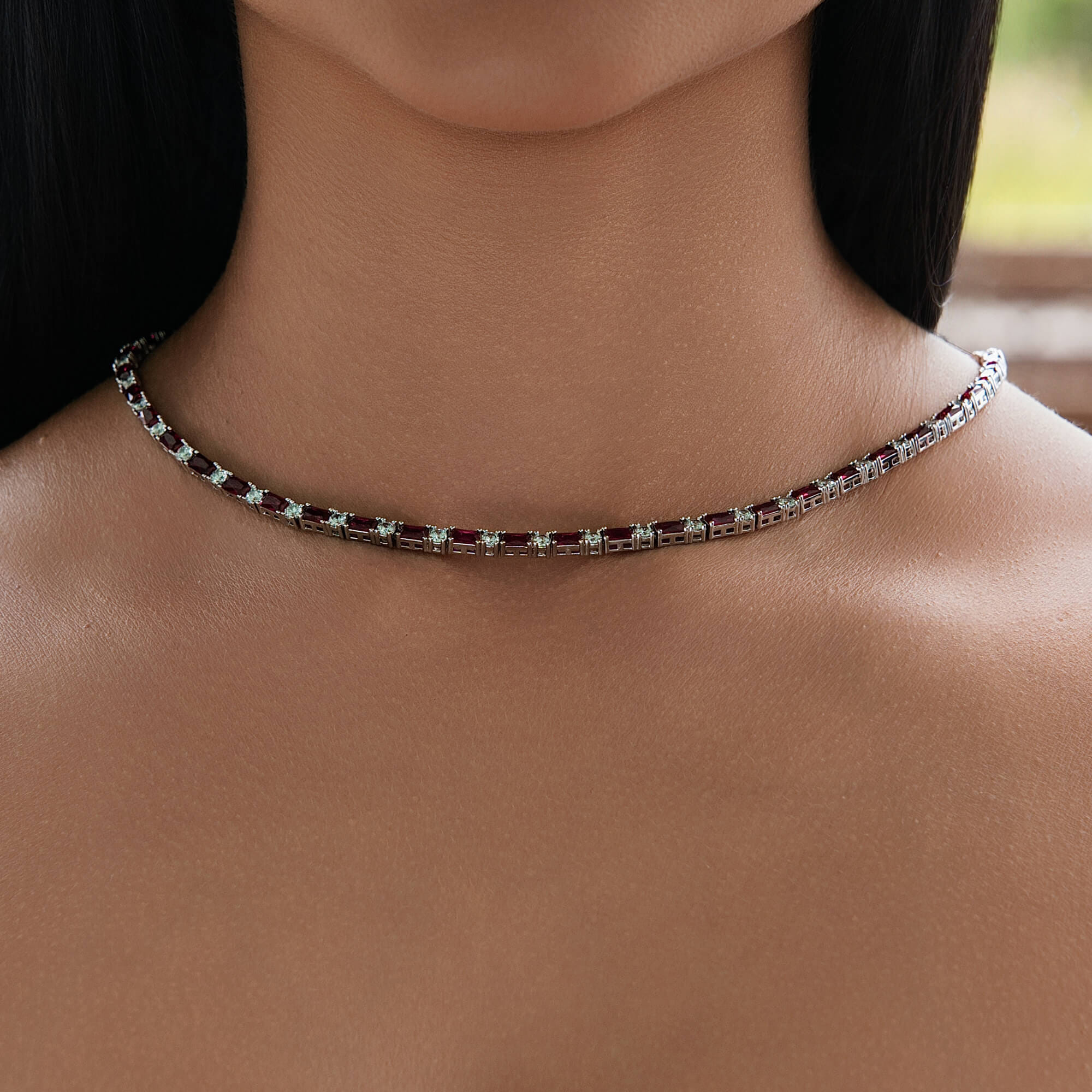 GLD Women Ruby Baguette Tennis Necklace in White Gold - 4 mm