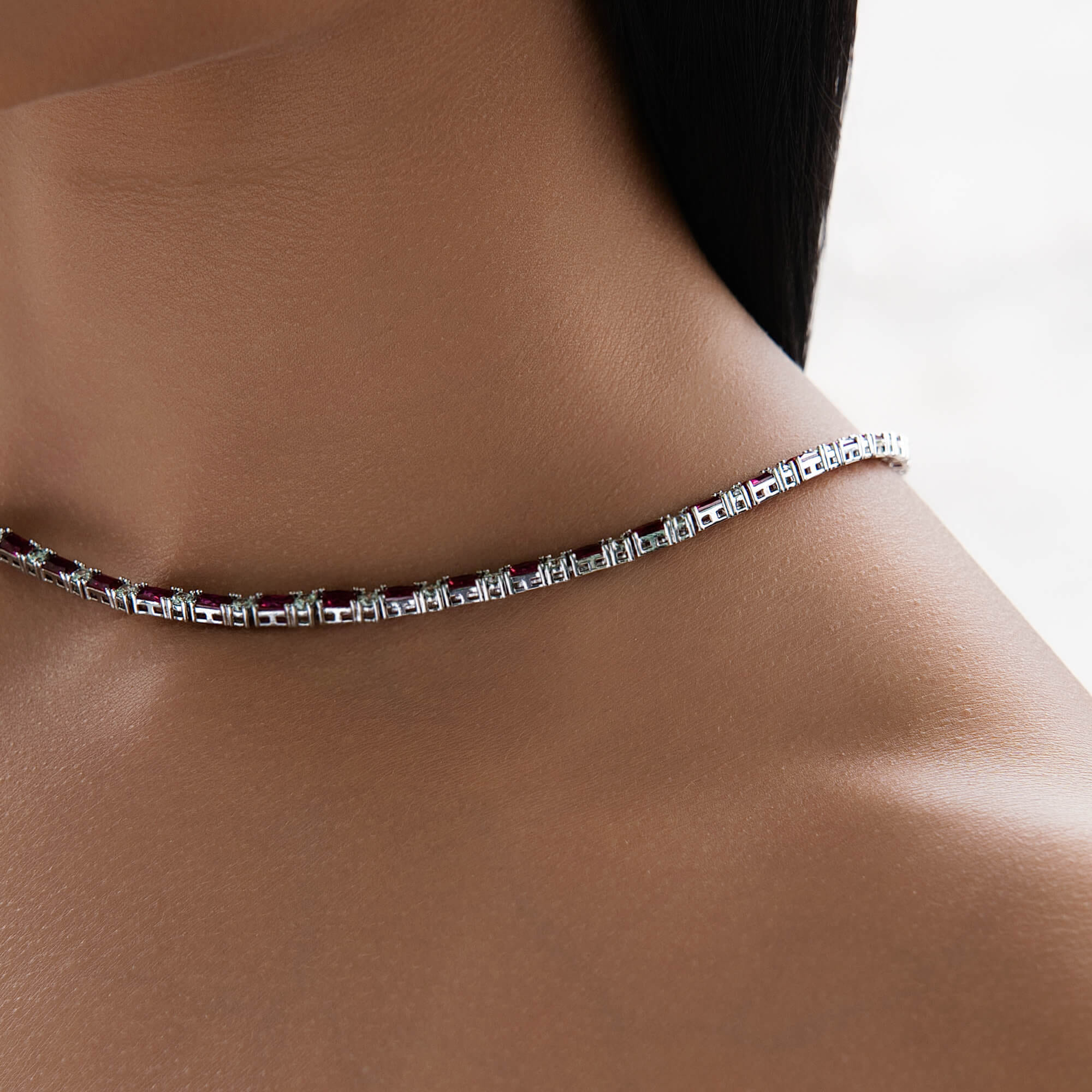 GLD Women Ruby Baguette Tennis Necklace in White Gold - 4 mm