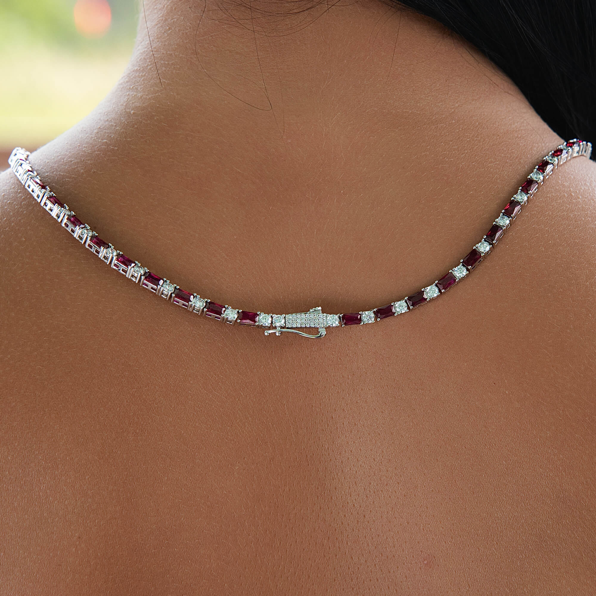 GLD Women Ruby Baguette Tennis Necklace in White Gold - 4 mm