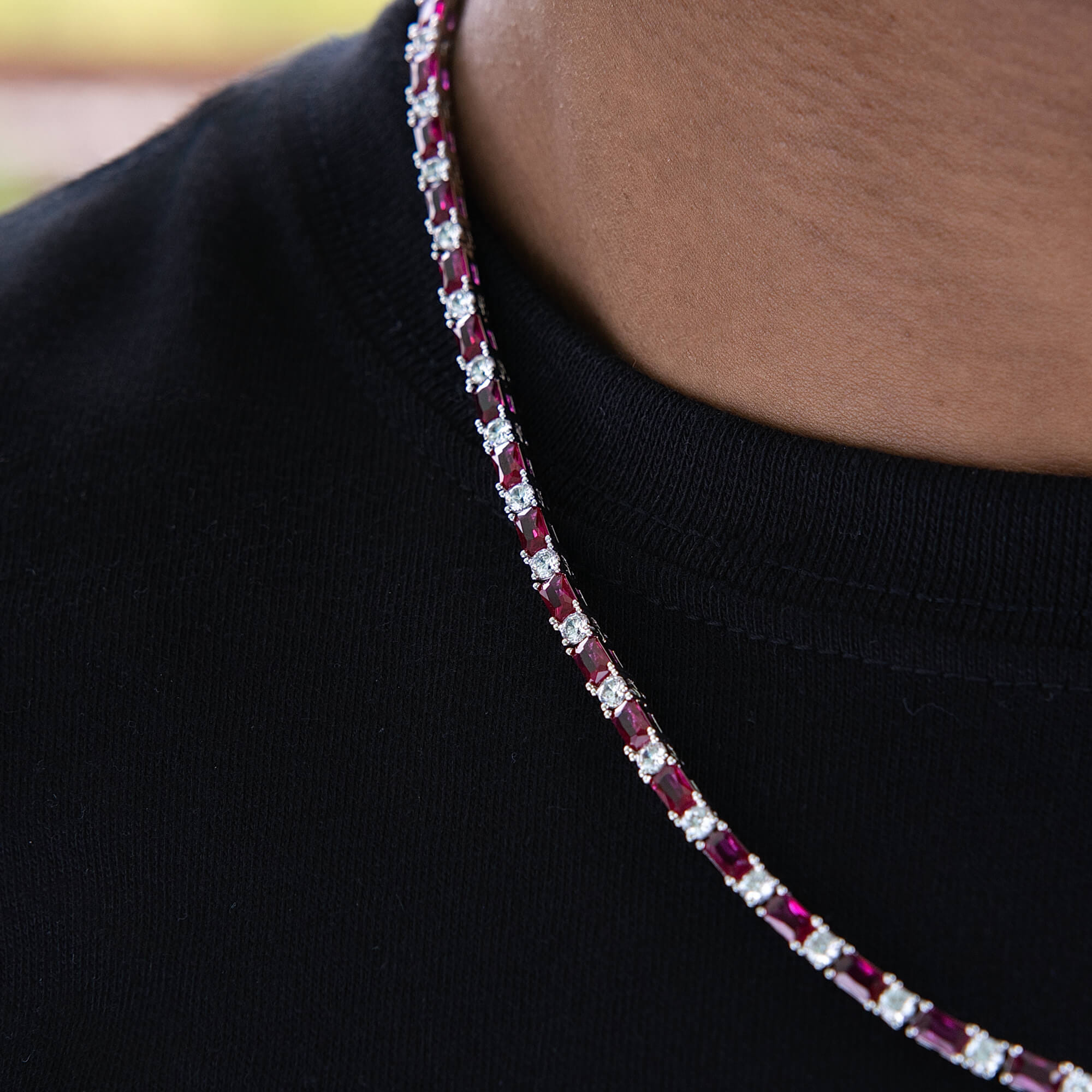 GLD Men Ruby Baguette Tennis Chain in White Gold - 4 mm