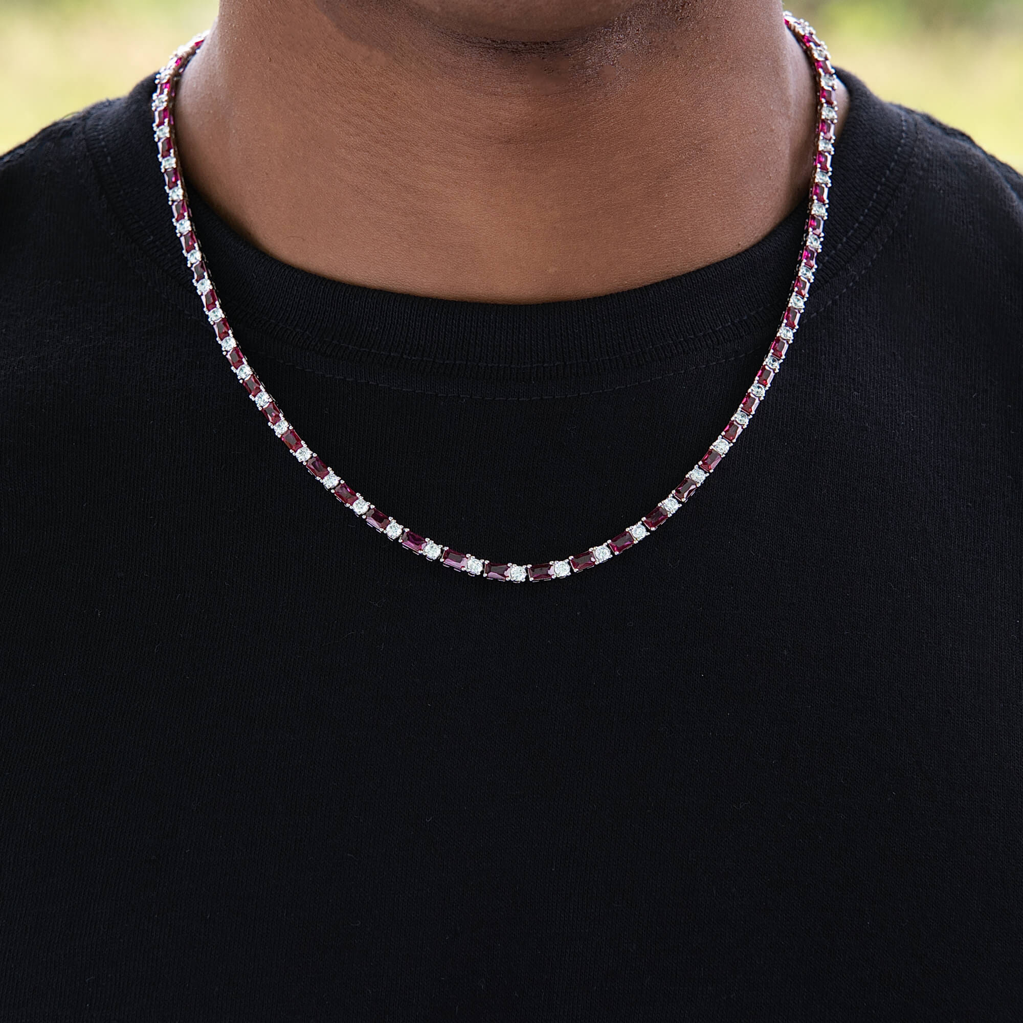 GLD Men Ruby Baguette Tennis Chain in White Gold - 4 mm