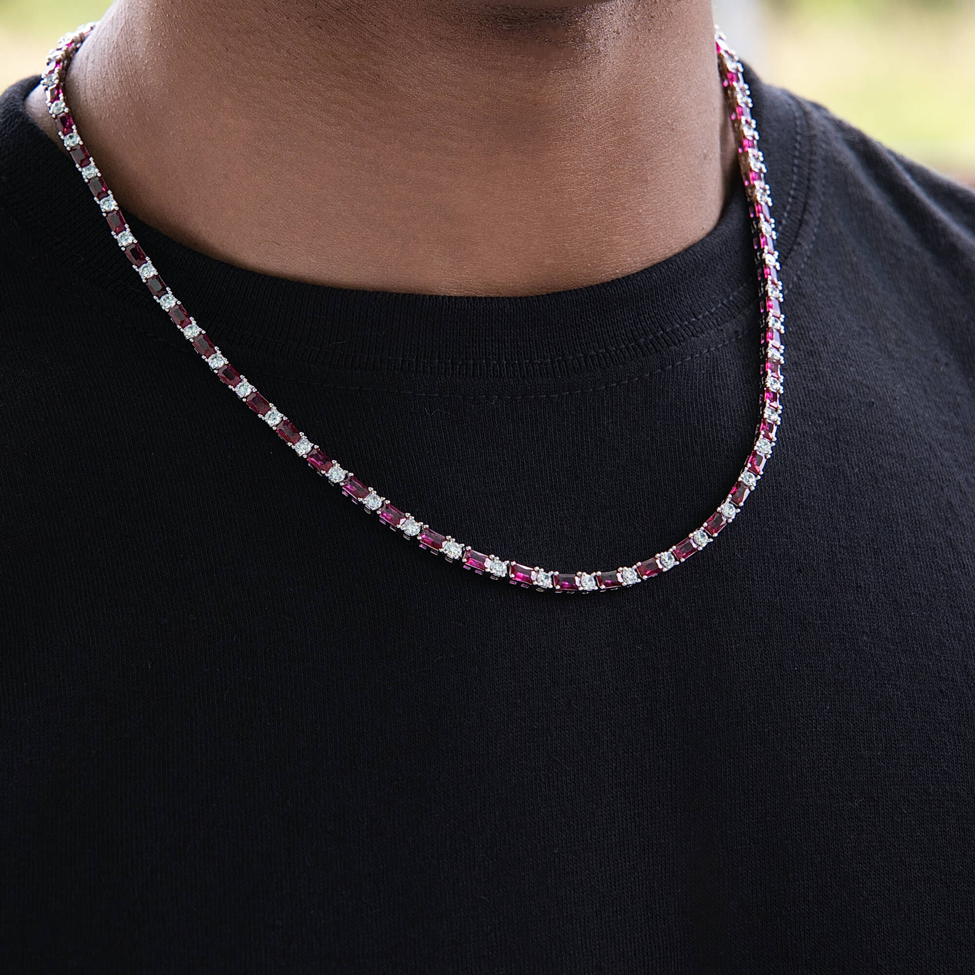 GLD Men Ruby Baguette Tennis Chain in White Gold - 4 mm
