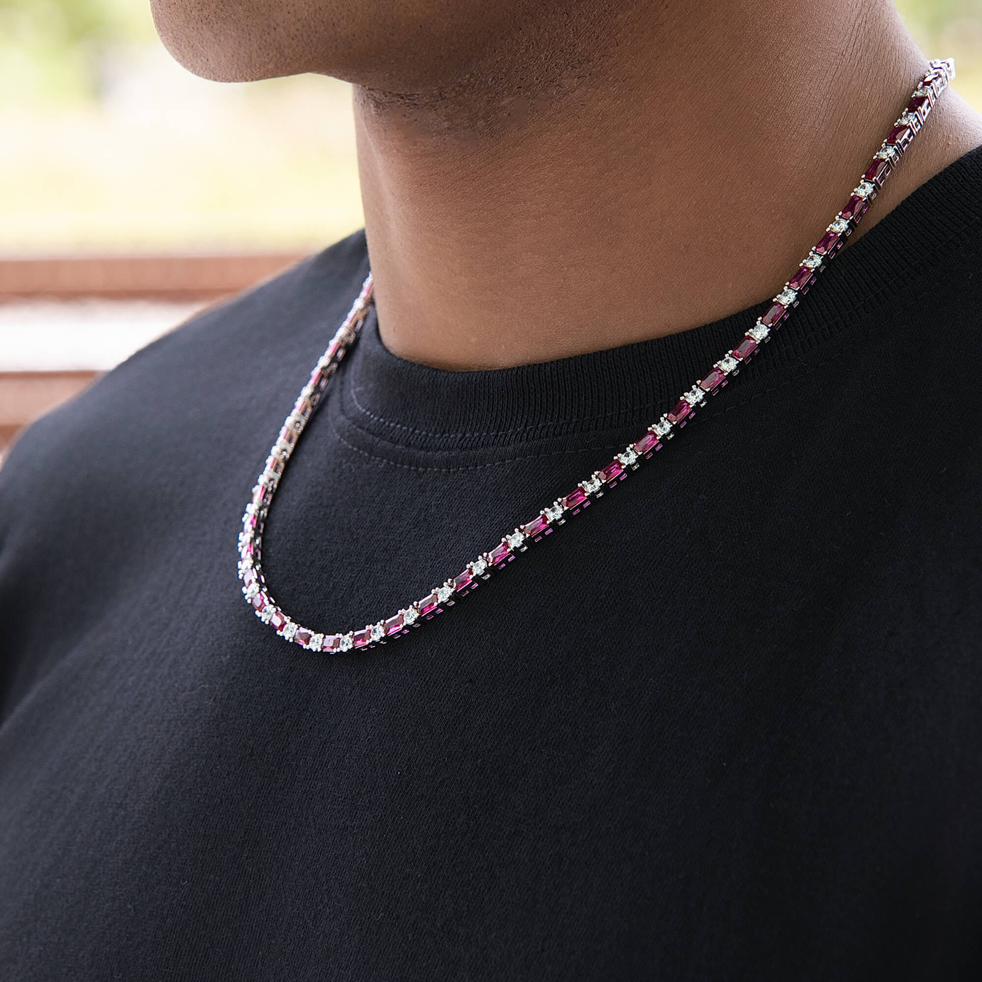 GLD Men Ruby Baguette Tennis Chain in White Gold - 4 mm