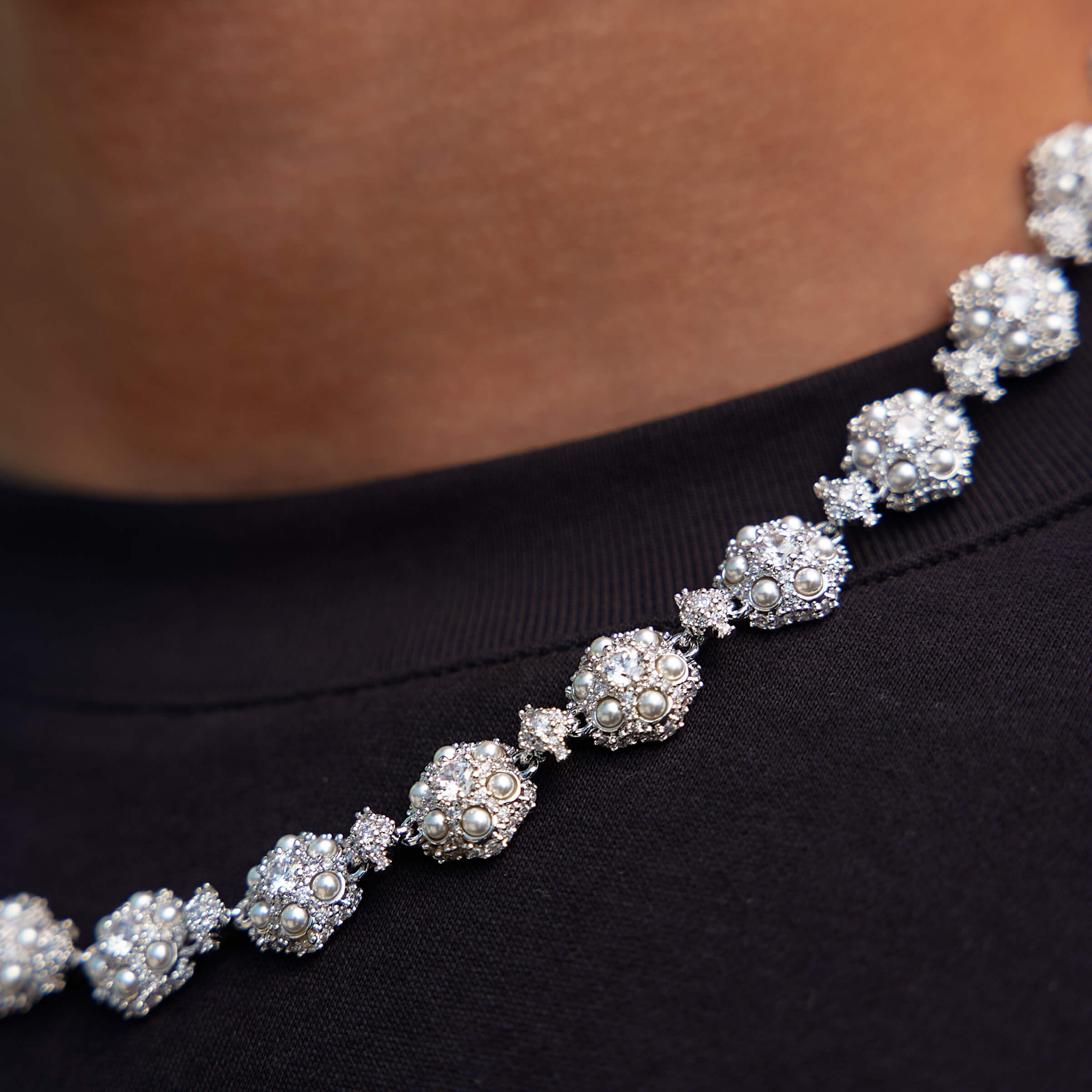 GLD Men Iced Clustered Pearl Flower Chain in White Gold - 12 mm