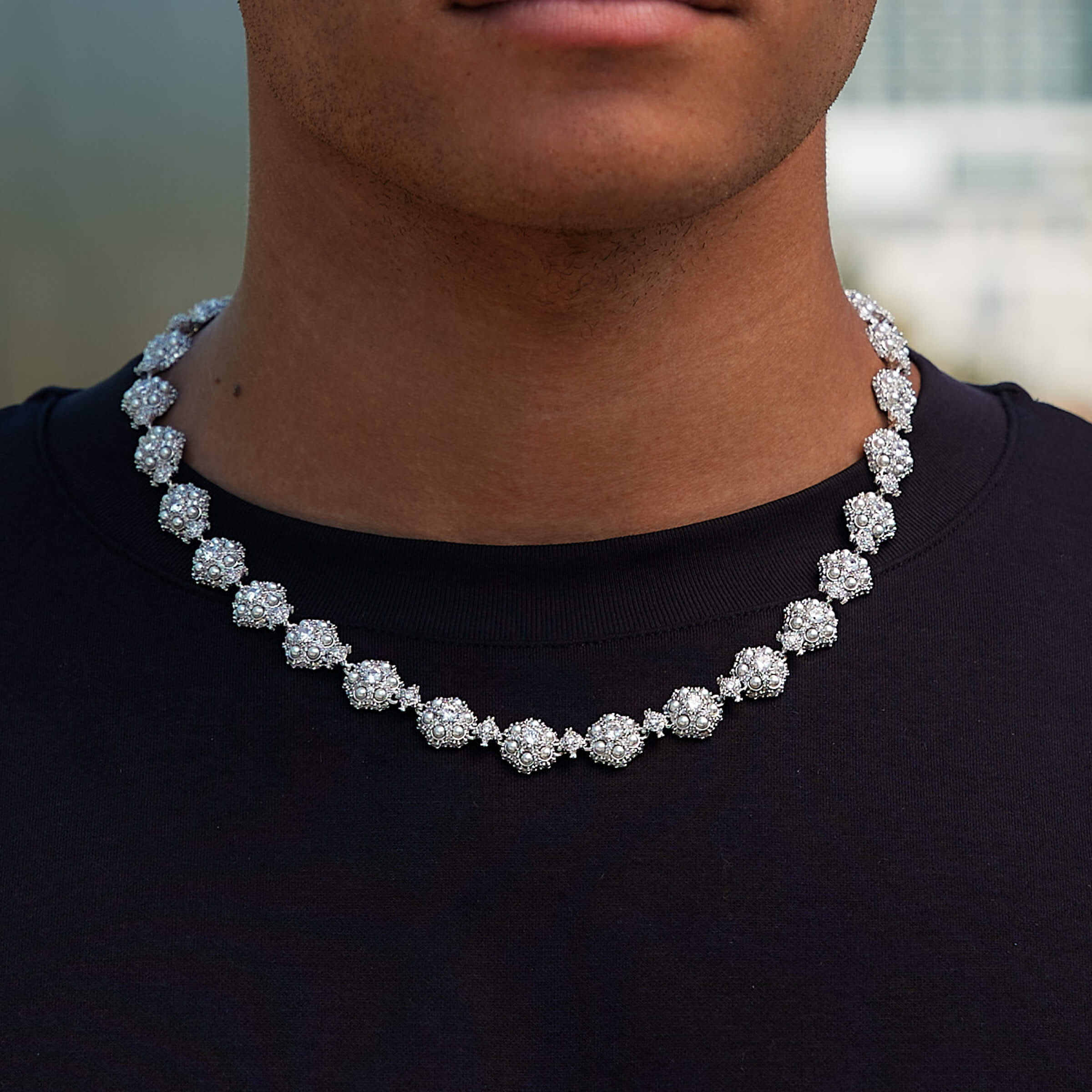 GLD Men Iced Clustered Pearl Flower Chain in White Gold - 12 mm