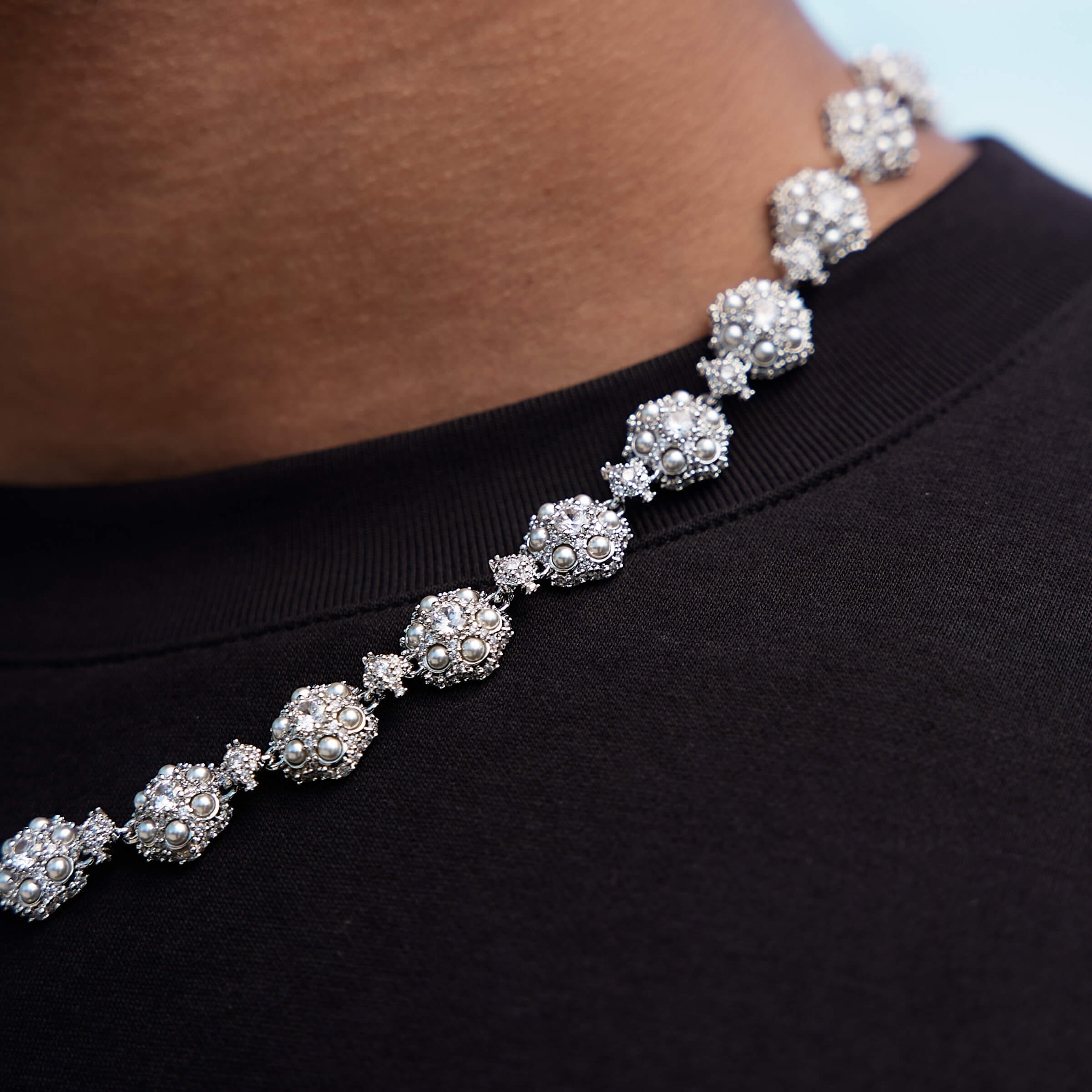 GLD Men Iced Clustered Pearl Flower Chain in White Gold - 12 mm