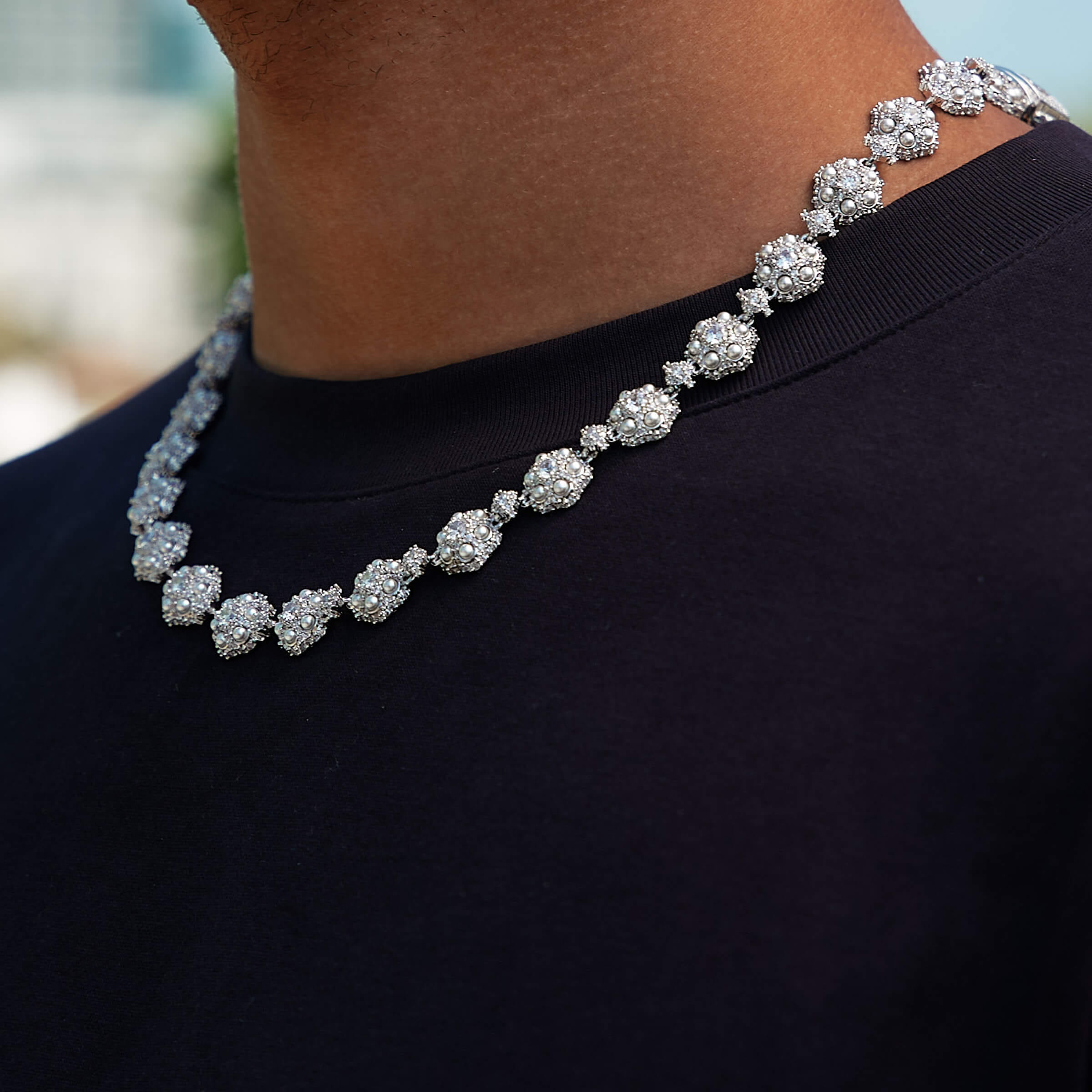GLD Men Iced Clustered Pearl Flower Chain in White Gold - 12 mm