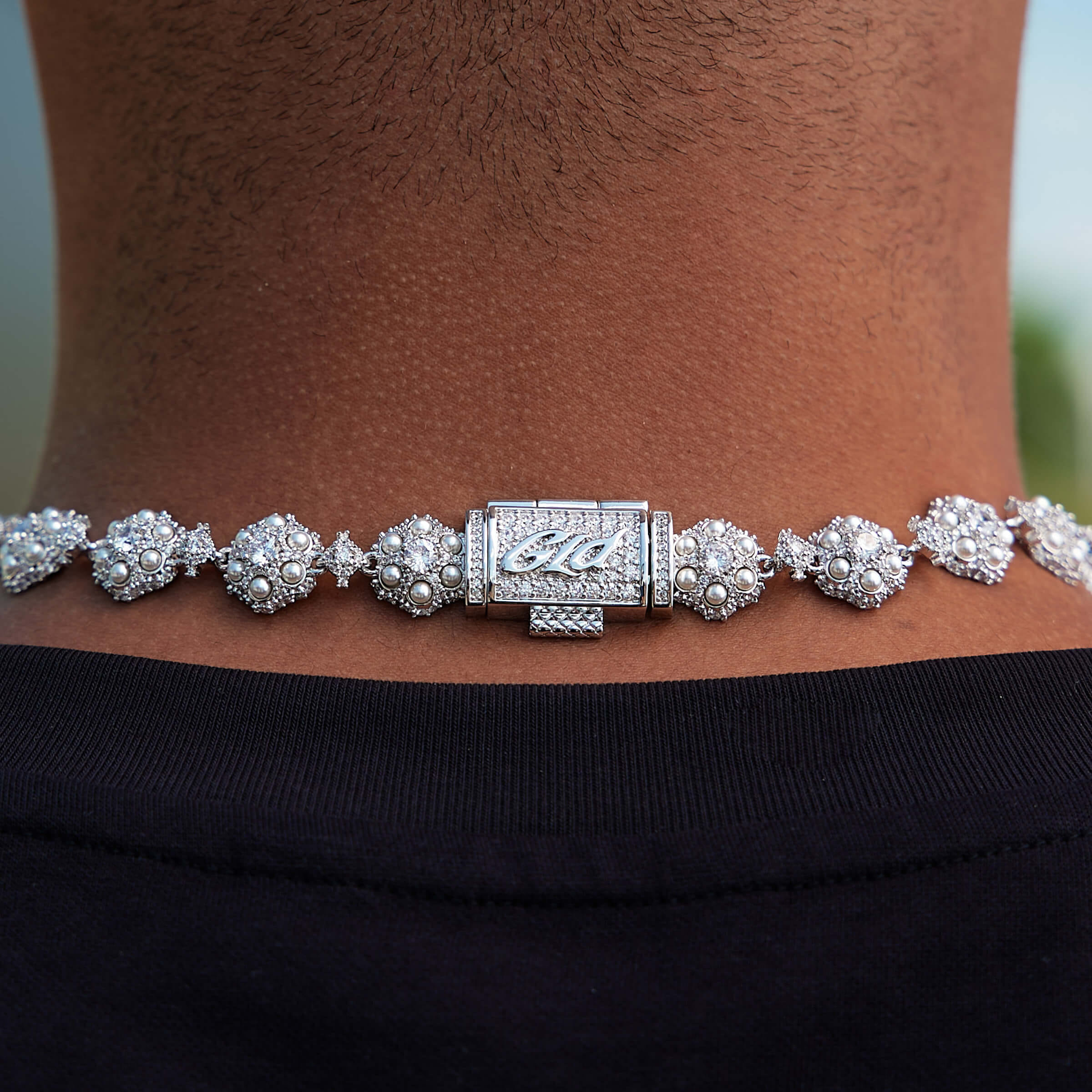 GLD Men Iced Clustered Pearl Flower Chain in White Gold - 12 mm