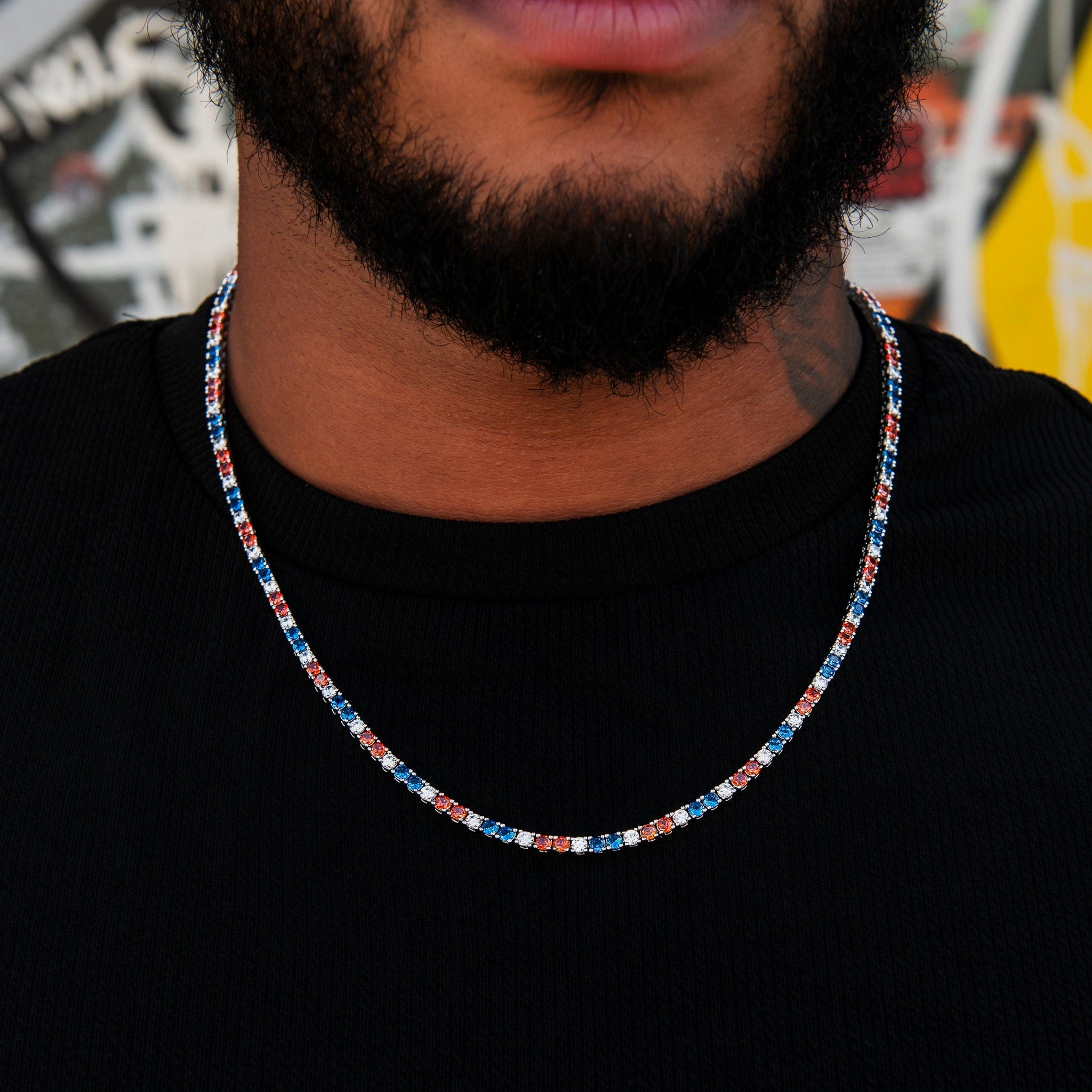 GLD Men 3 mm Diamond Tennis Chain - Royal Blue Orange White