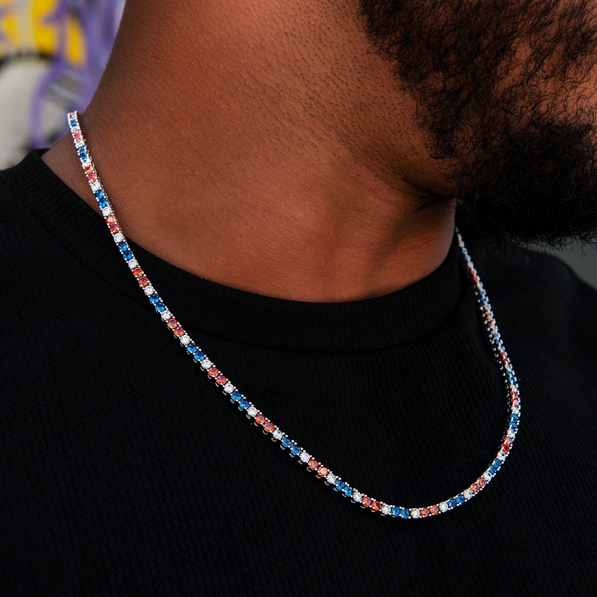 GLD Men 3 mm Diamond Tennis Chain - Royal Blue Orange White