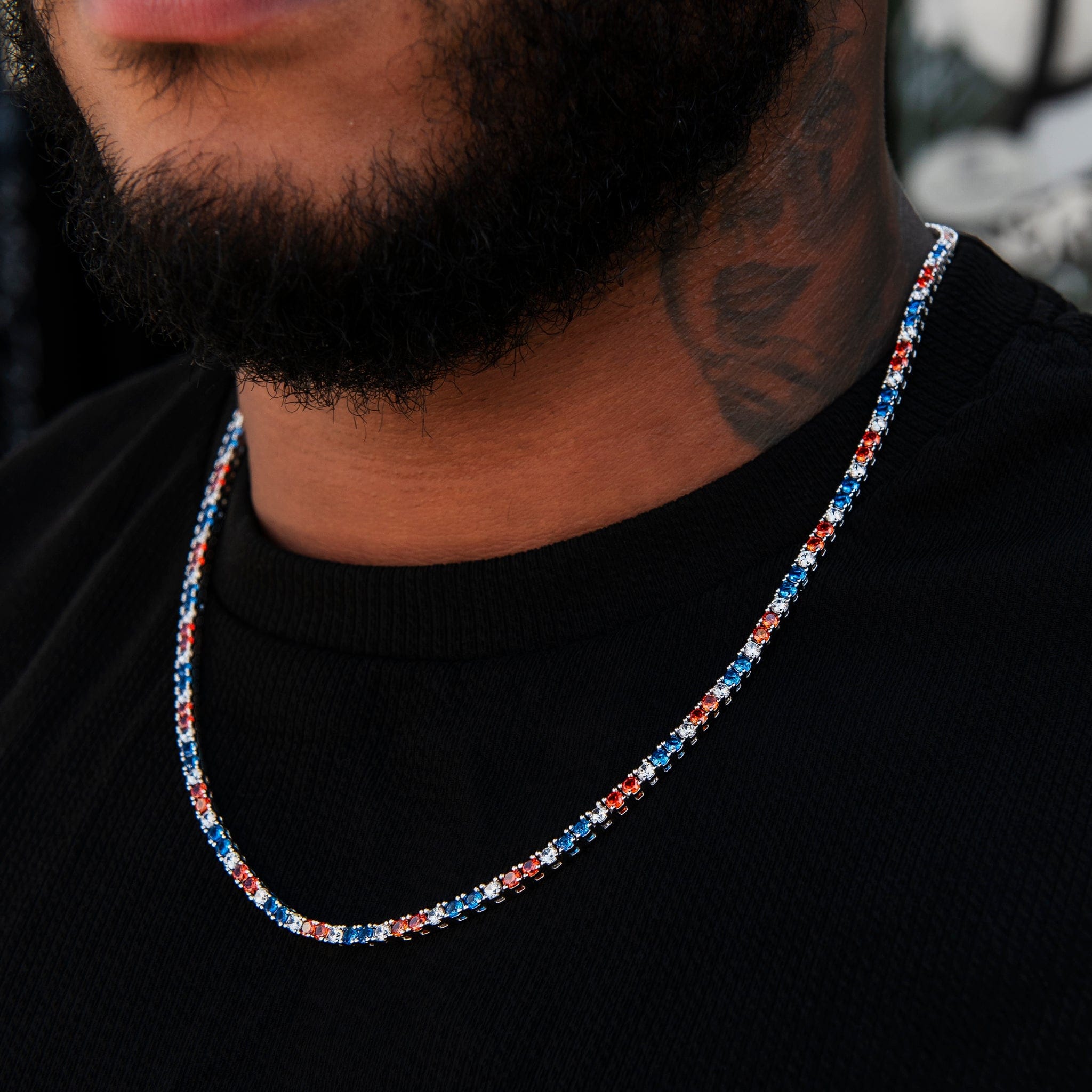GLD Men 3 mm Diamond Tennis Chain - Royal Blue Orange White