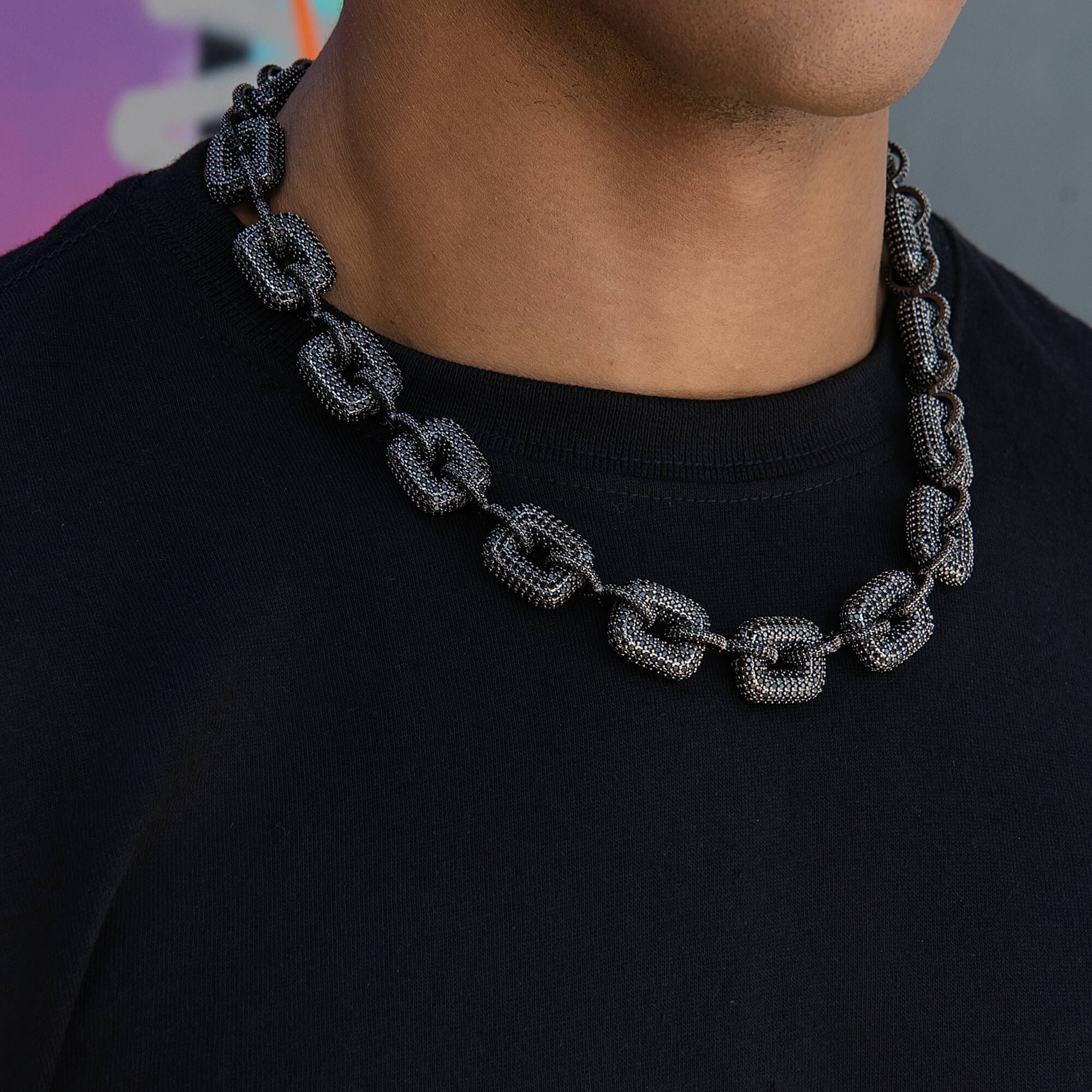 GLD Men Iced Square Link Chain in Black - 15 mm