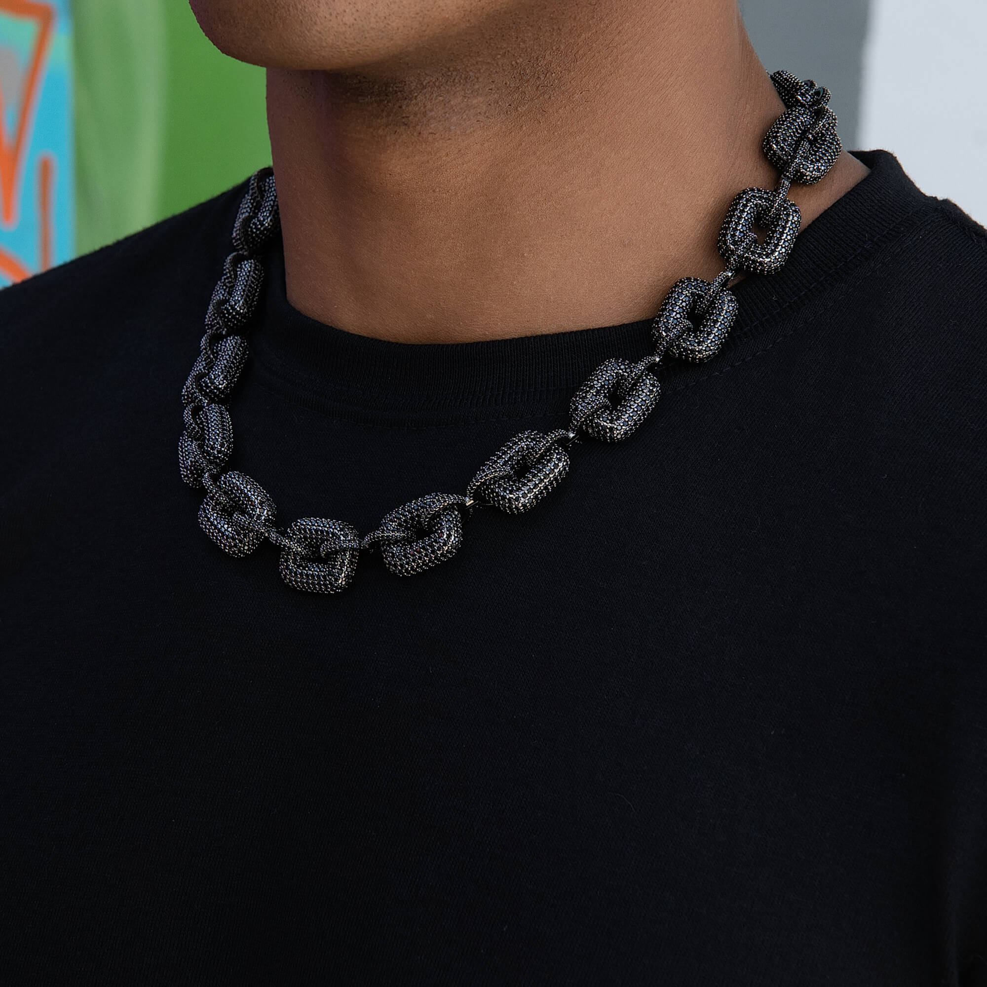 GLD Men Iced Square Link Chain in Black - 15 mm