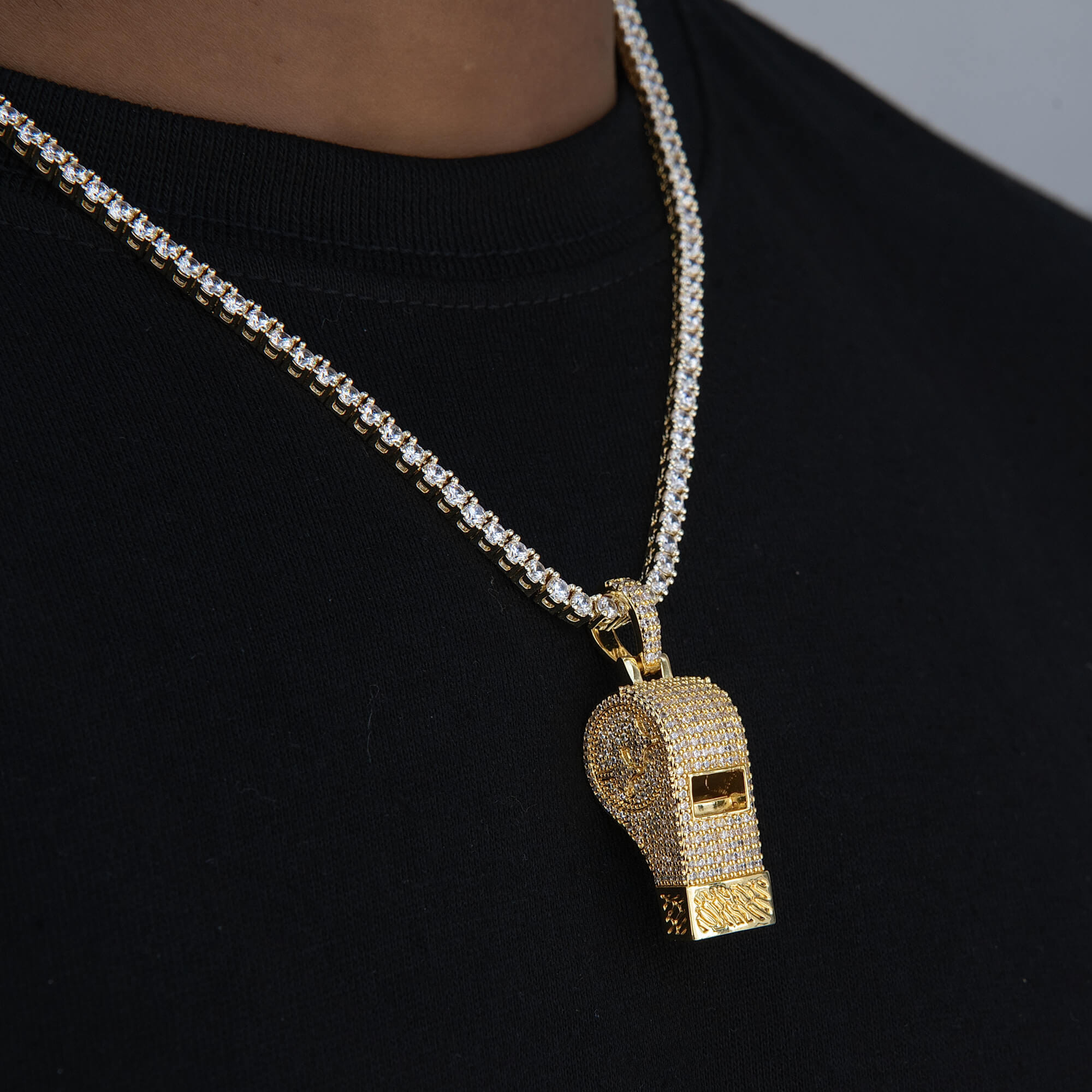 GLD Men Iced Functioning Coaches Whistle Pendant in Yellow Gold