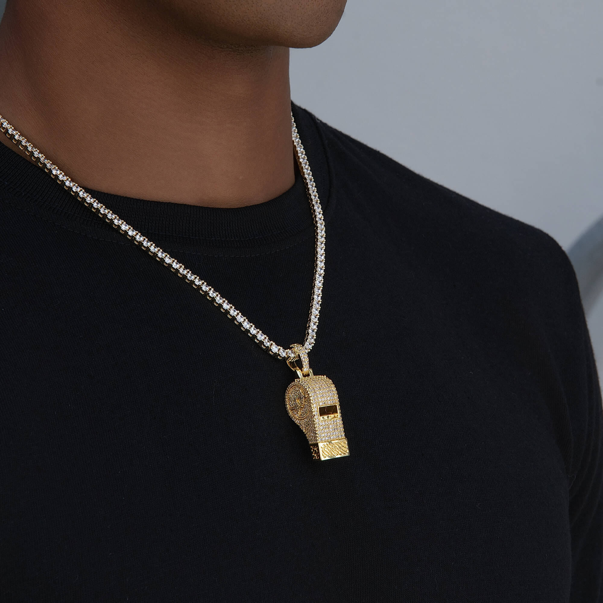 GLD Men Iced Functioning Coaches Whistle Pendant in Yellow Gold