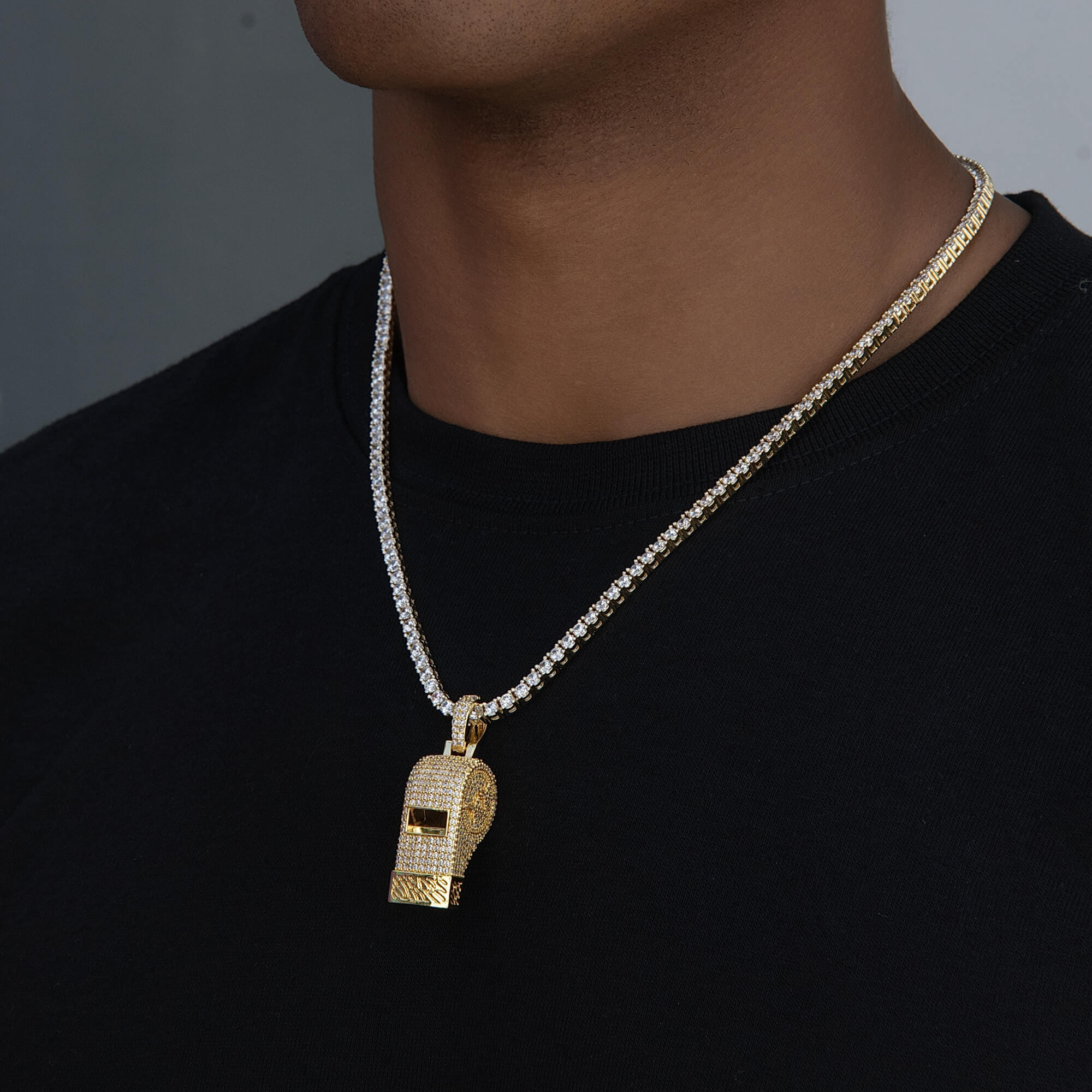 GLD Men Iced Functioning Coaches Whistle Pendant in Yellow Gold