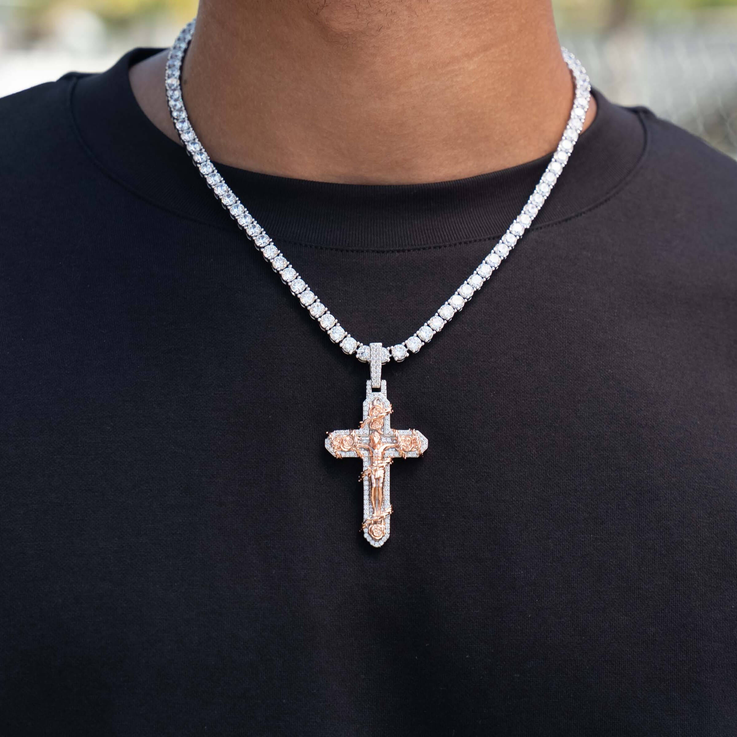 GLD Men Large Diamond Rose Thorn Crucifix Pendant in White Gold