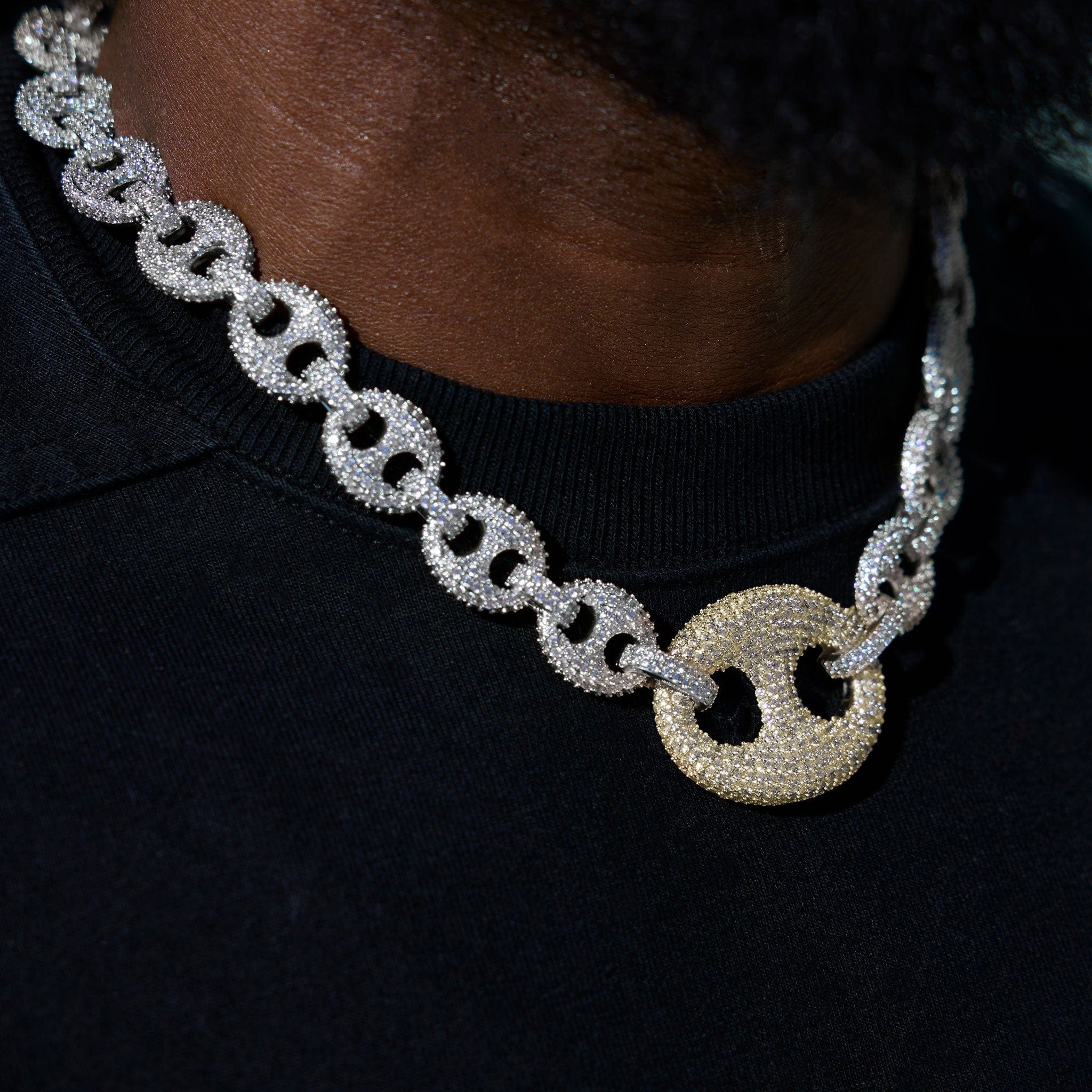 GLD Men Iced Two Tone Large Link Puffed Mariner Chain in White & Yellow Gold - 15 mm
