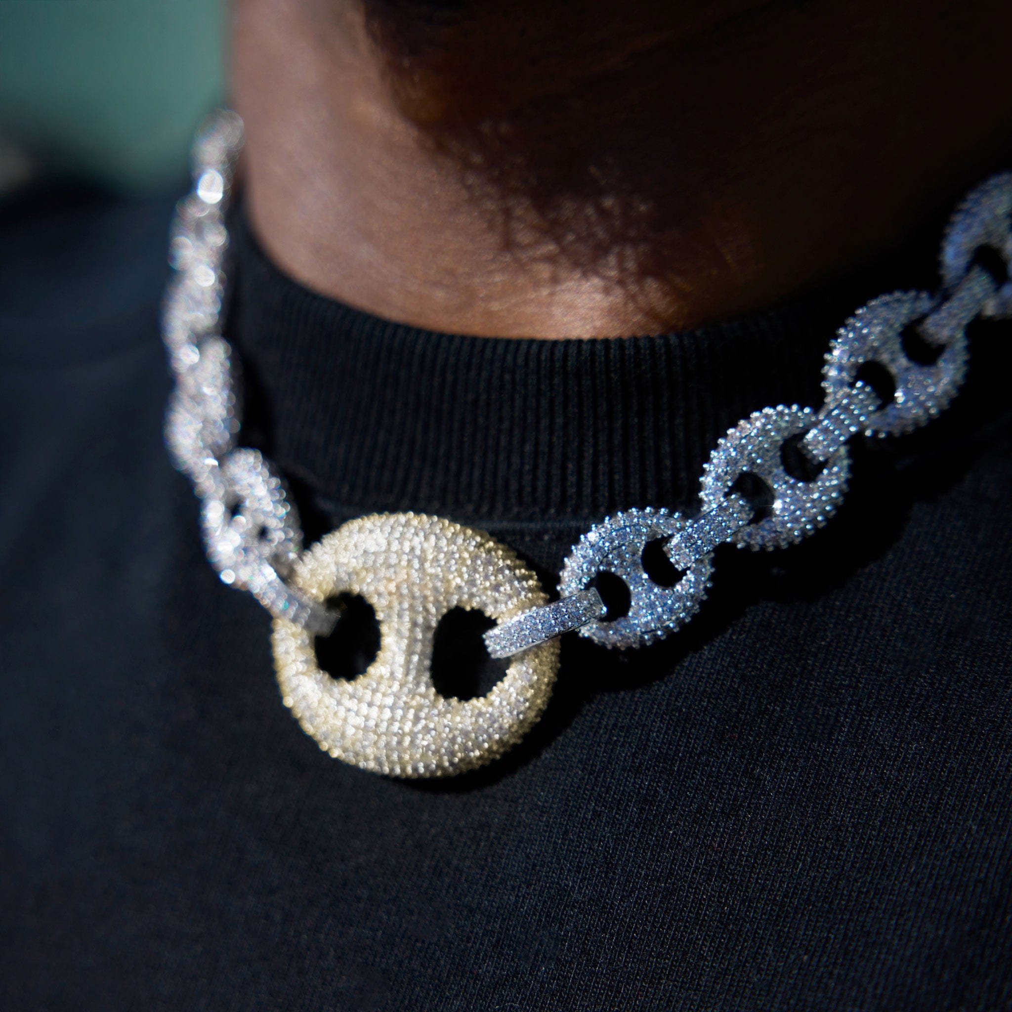 GLD Men Iced Two Tone Large Link Puffed Mariner Chain in White & Yellow Gold - 15 mm