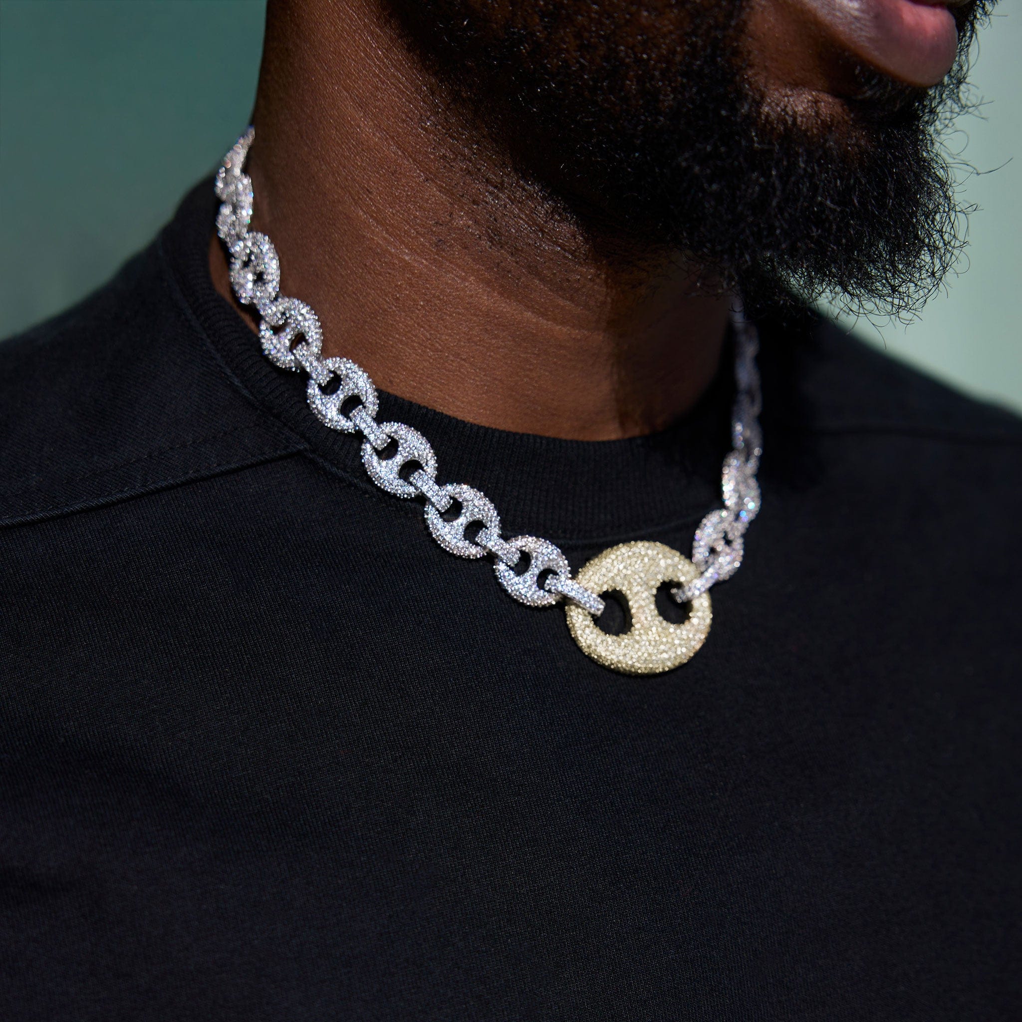 GLD Men Iced Two Tone Large Link Puffed Mariner Chain in White & Yellow Gold - 15 mm